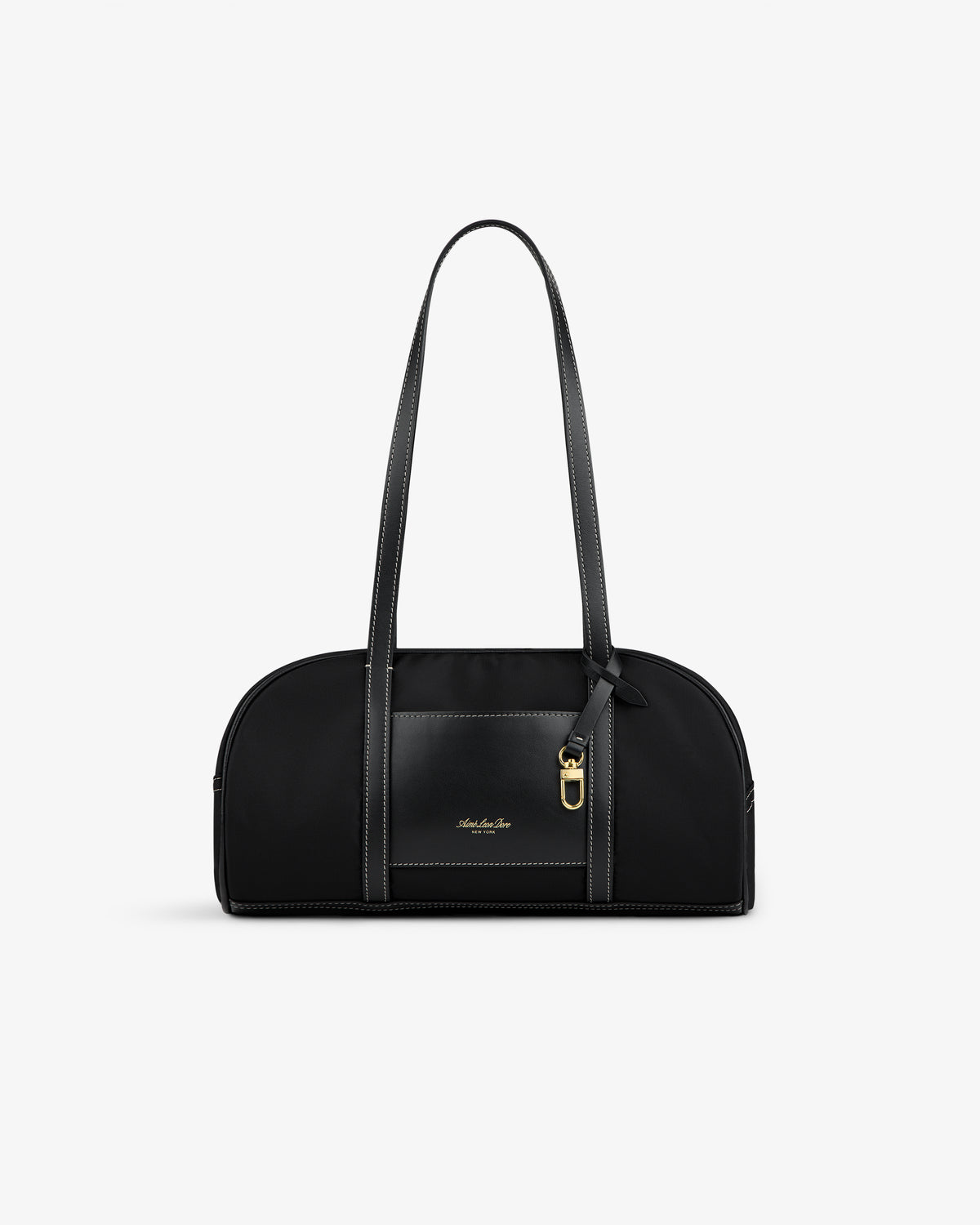 Mini Duffle Shoulder Bag in black with long straps, gold-tone hardware, and small front logo on white background.