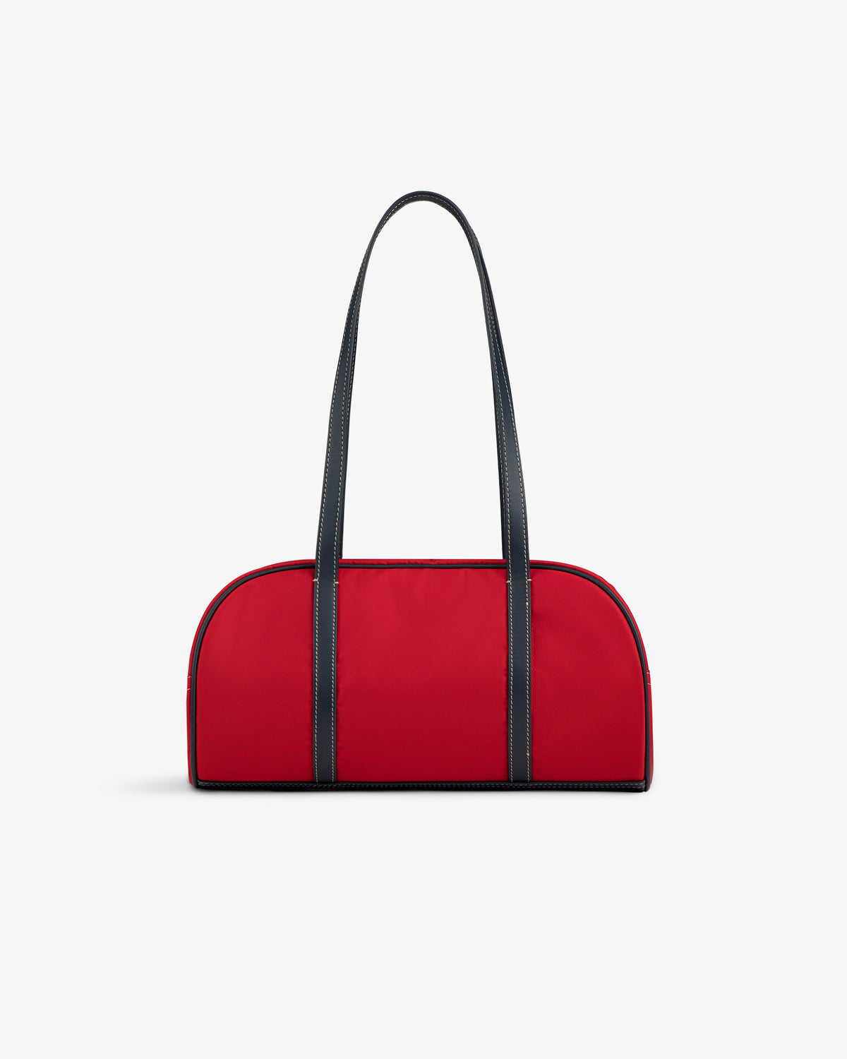 Mini Duffle Shoulder Bag in red with long black straps, displayed on a plain white background.