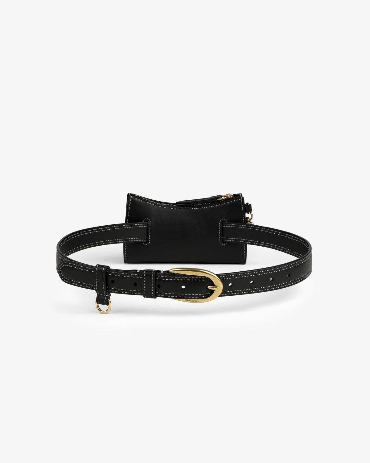 Convertible Leather Belt Bag in black with white stitching, gold buckle, and small pouch on a white background.
