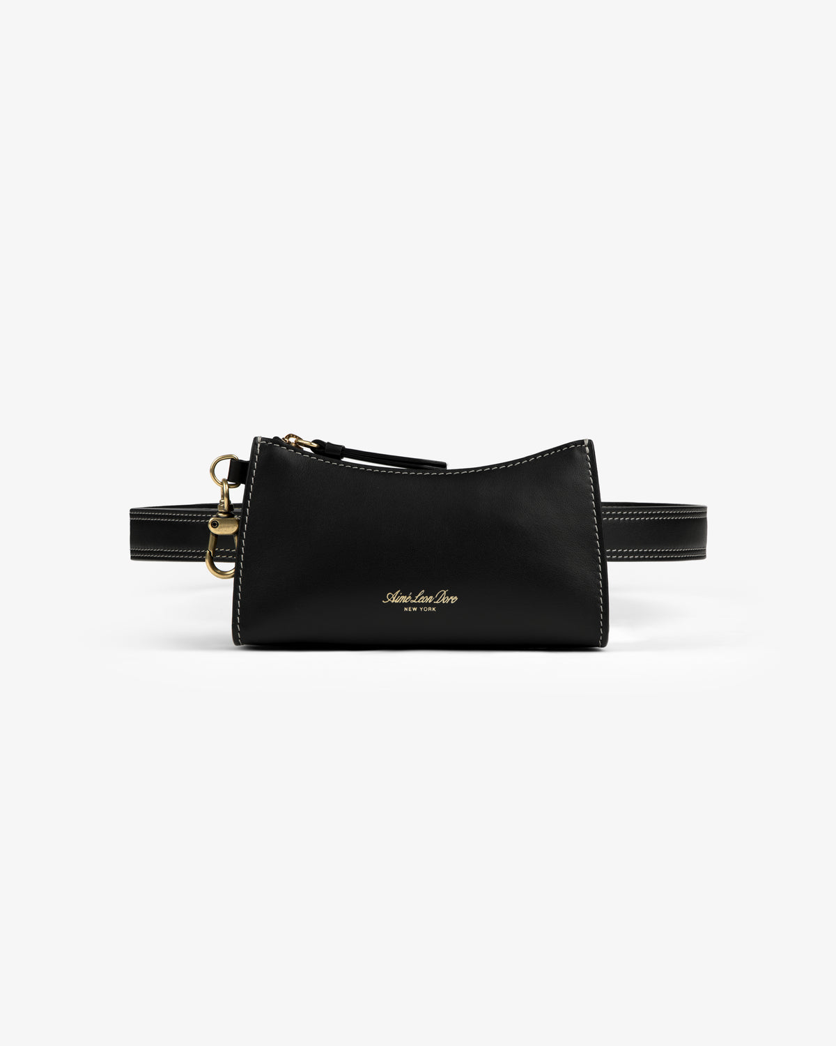 Convertible Leather Belt Bag in black with gold hardware and a small gold logo, shown on a white background.