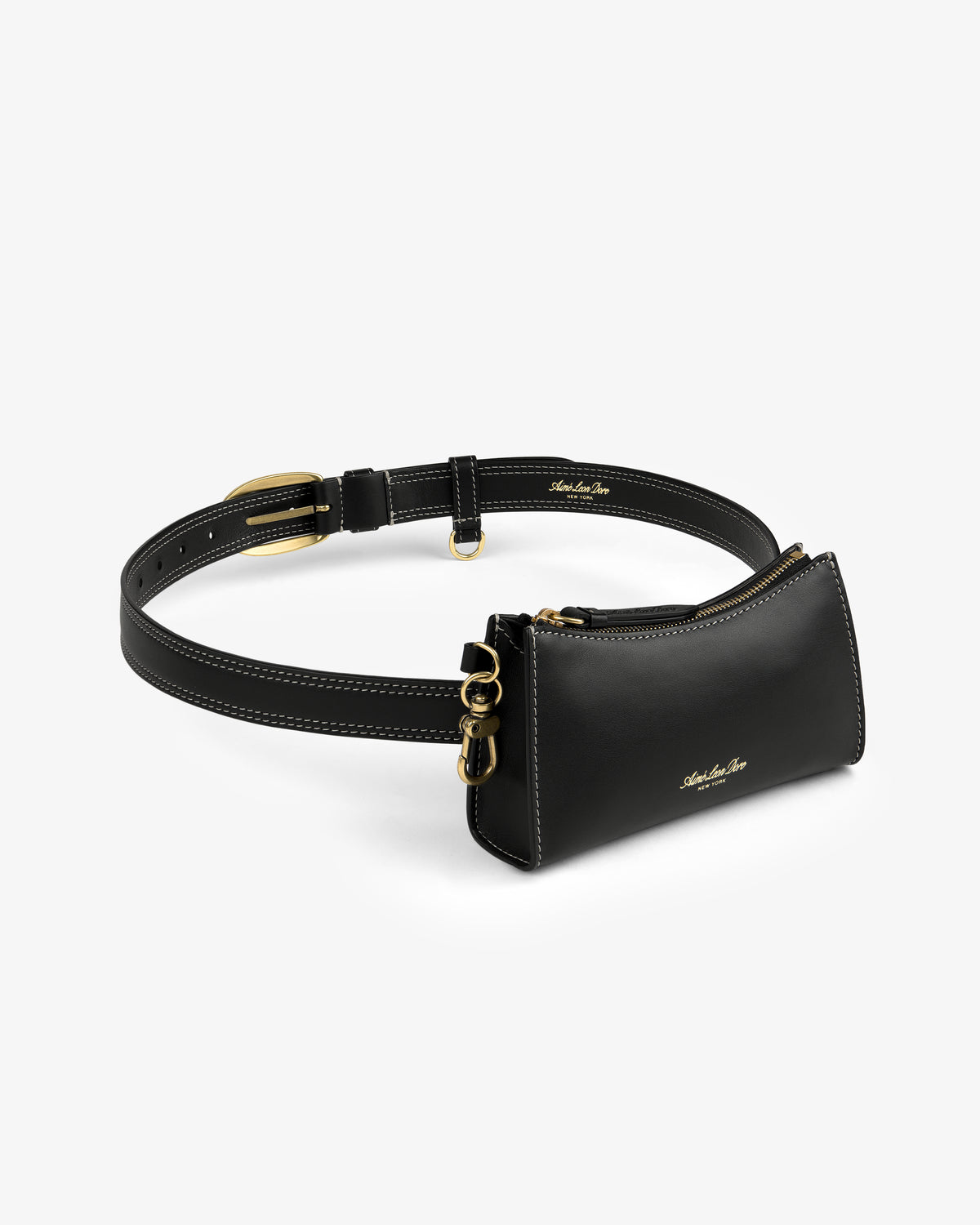 Convertible Leather Belt Bag in black with a small zippered pouch and gold-tone hardware on a white background.