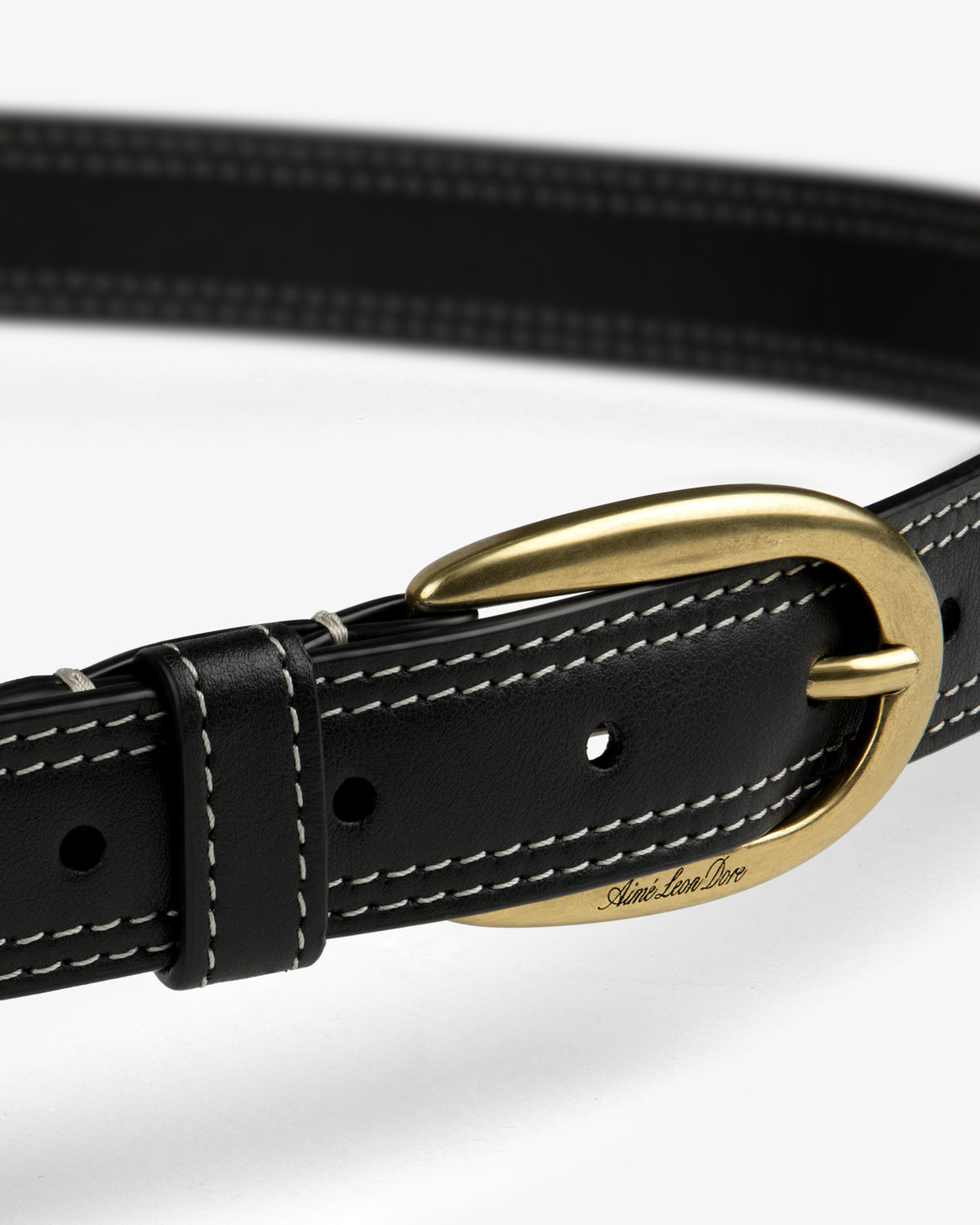Convertible Leather Belt Bag in black leather with white stitching and a gold oval buckle on a white background.