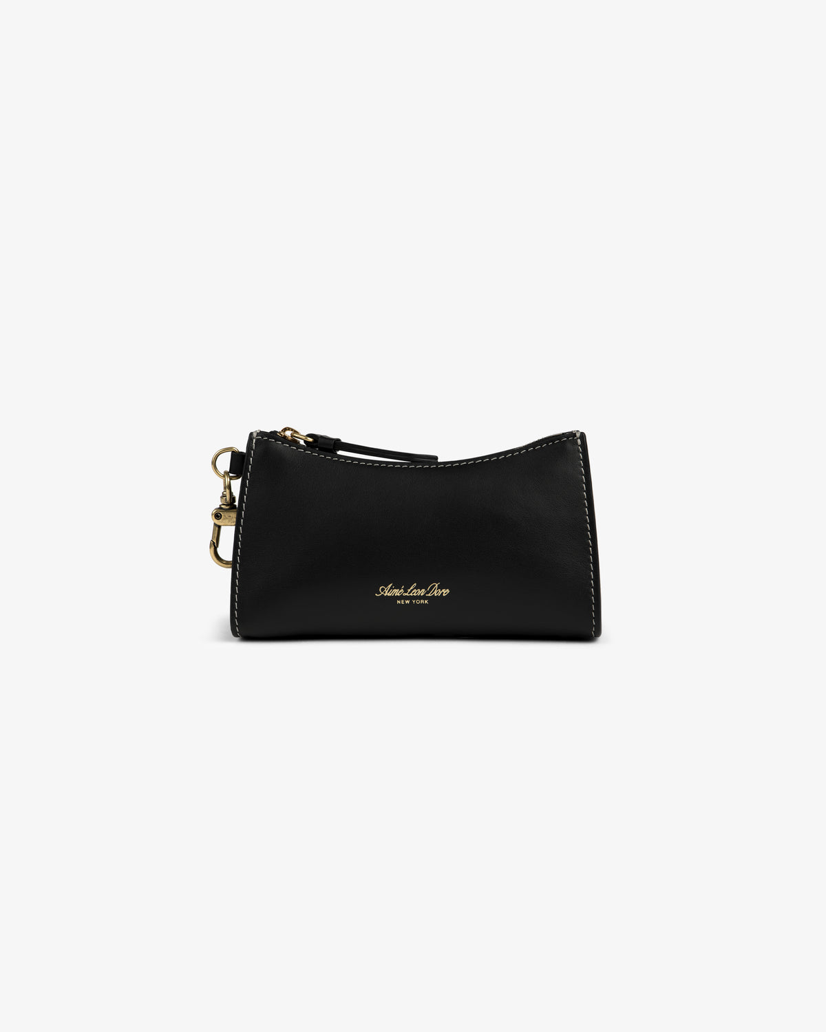 Convertible Leather Belt Bag in black leather with white stitching, gold hardware, and a zipper on a white background.