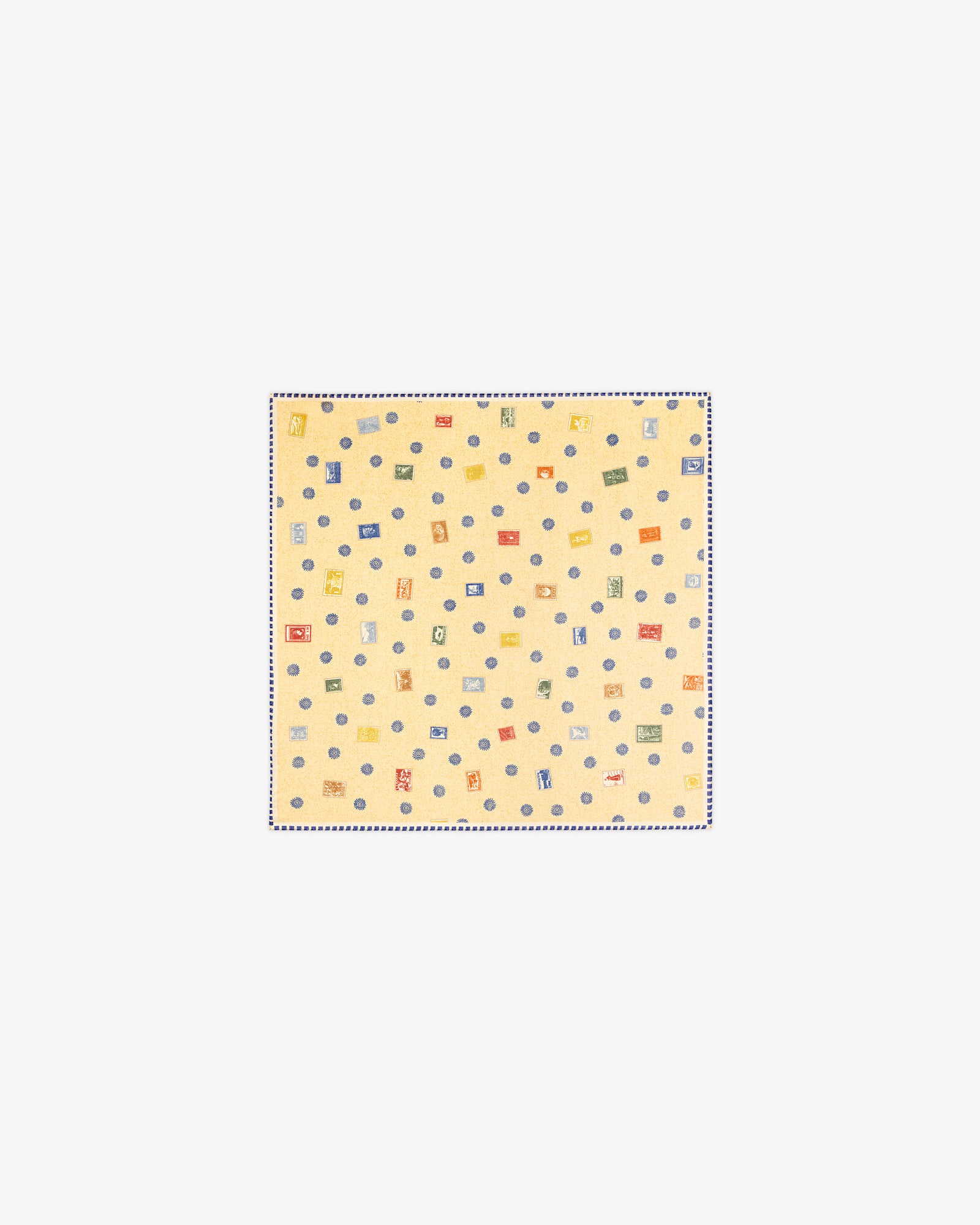 The Vintage Stamps Wool Silk Bandana is a light yellow square with small, colorful geometric patterns.