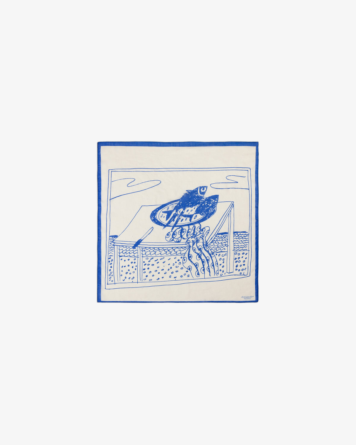 Blue and white illustration of the Fassianos Wool Silk Bandana held by a hand over a fence, with a simple outdoor background.