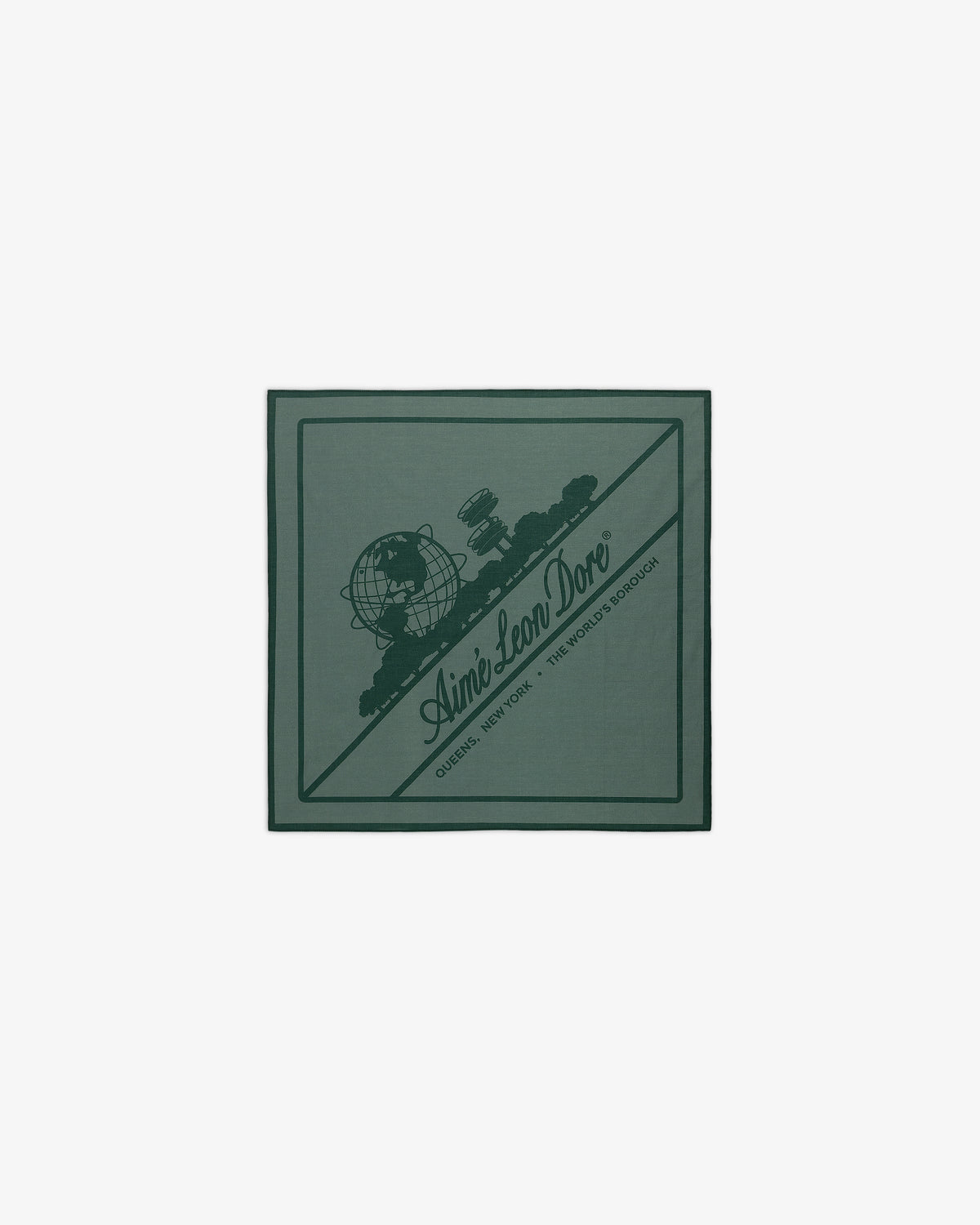 Sun Faded Unisphere Bandana with a globe, satellite, and Aimé Leon Dore logo and text in the center.