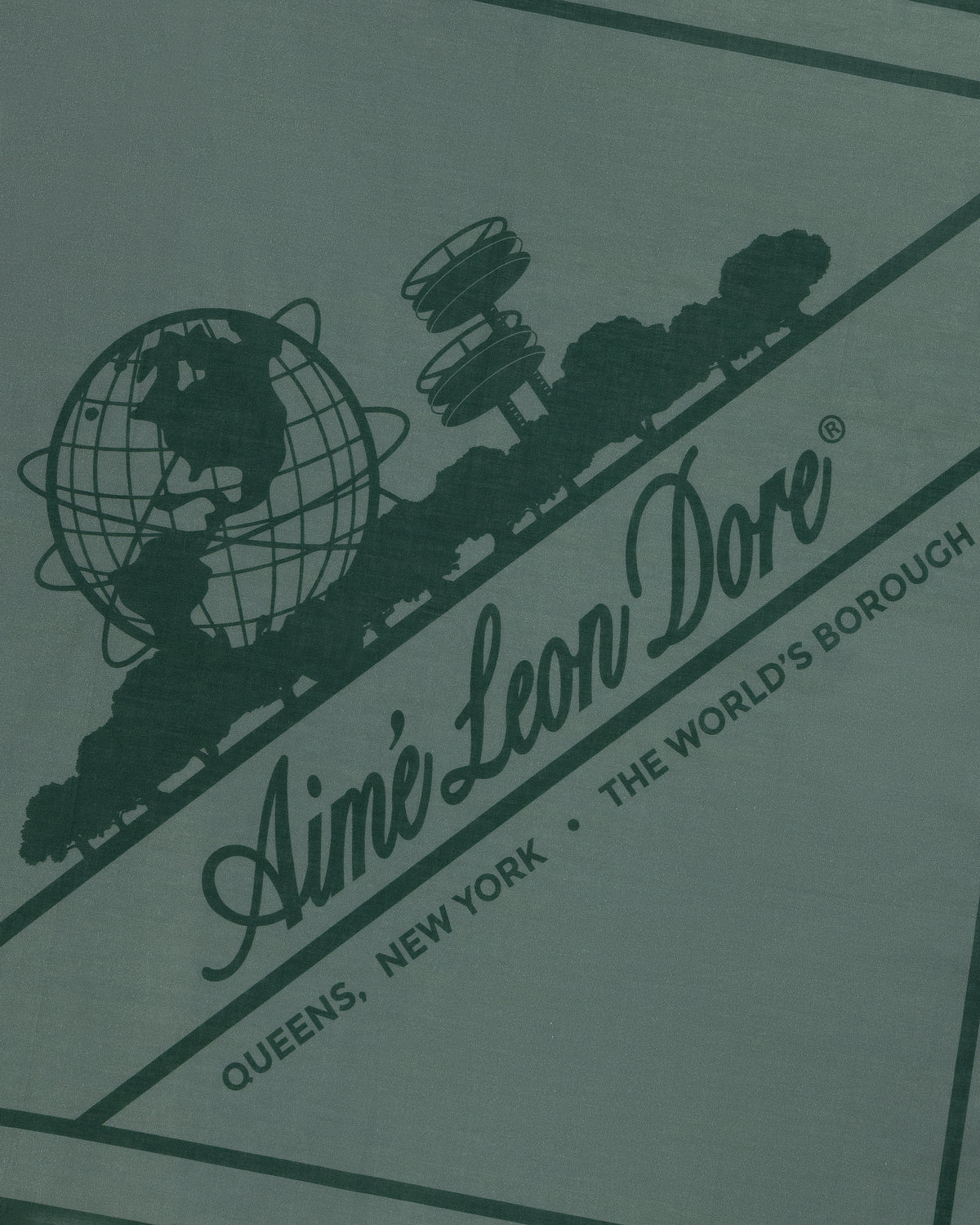 Sun Faded Unisphere Bandana: green graphic with globe, trees, and “Aimé Leon Dore, Queens, NY, The World’s Borough.”.