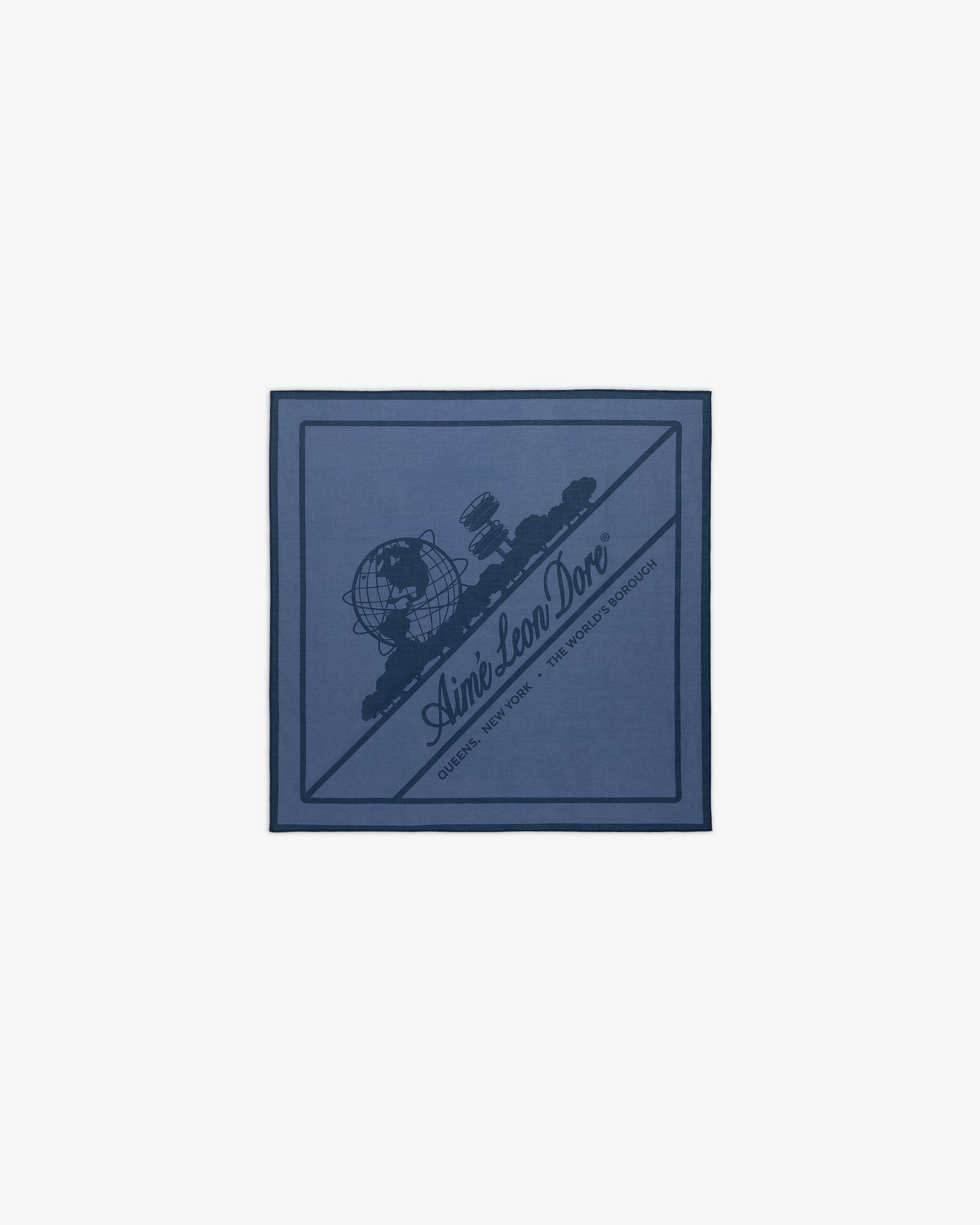 Sun Faded Unisphere Bandana featuring a blue square design with a globe, telescope, and Aimé Leon Dore text.