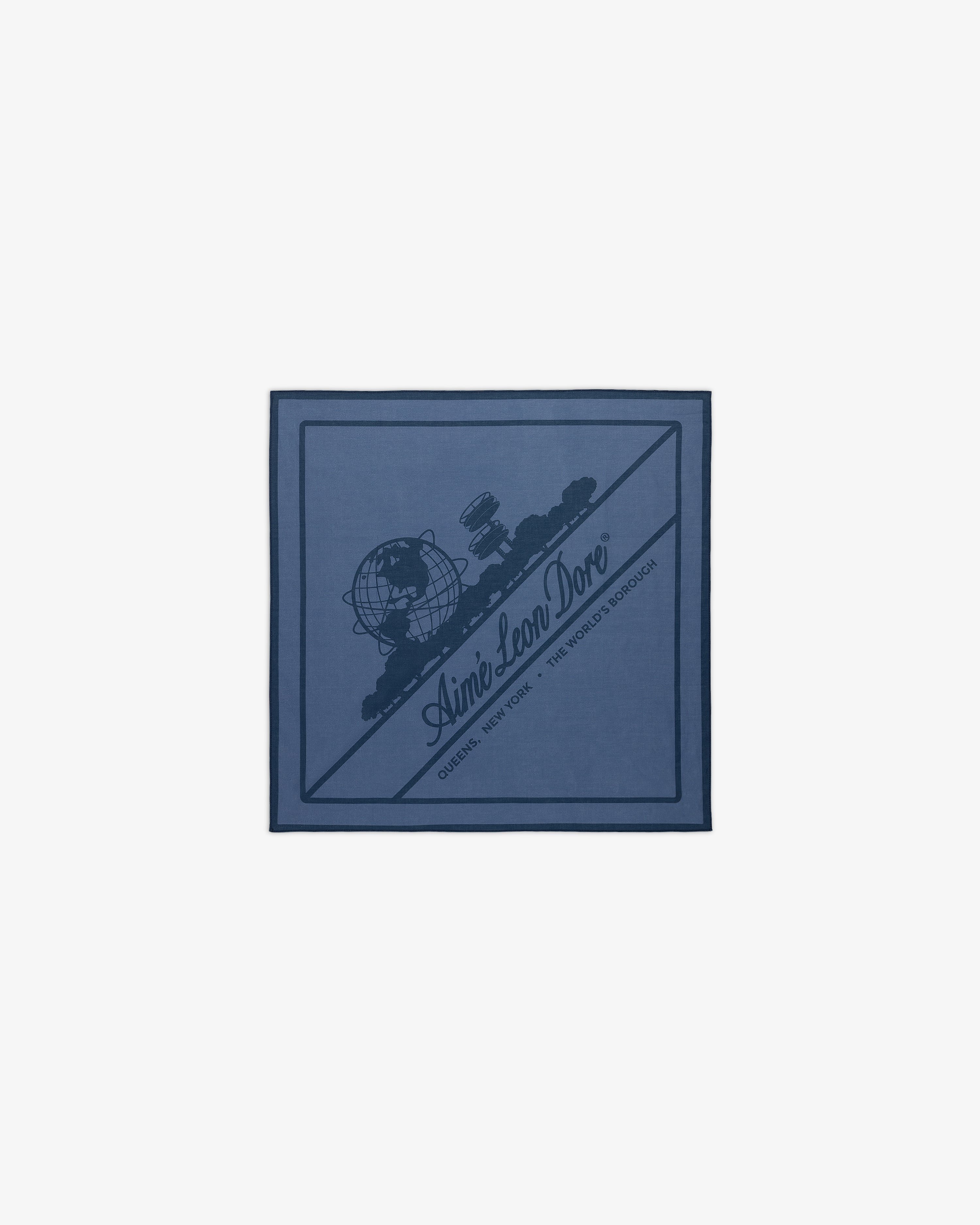 Sun Faded Unisphere Bandana featuring a blue square design with a globe, telescope, and Aimé Leon Dore text.
