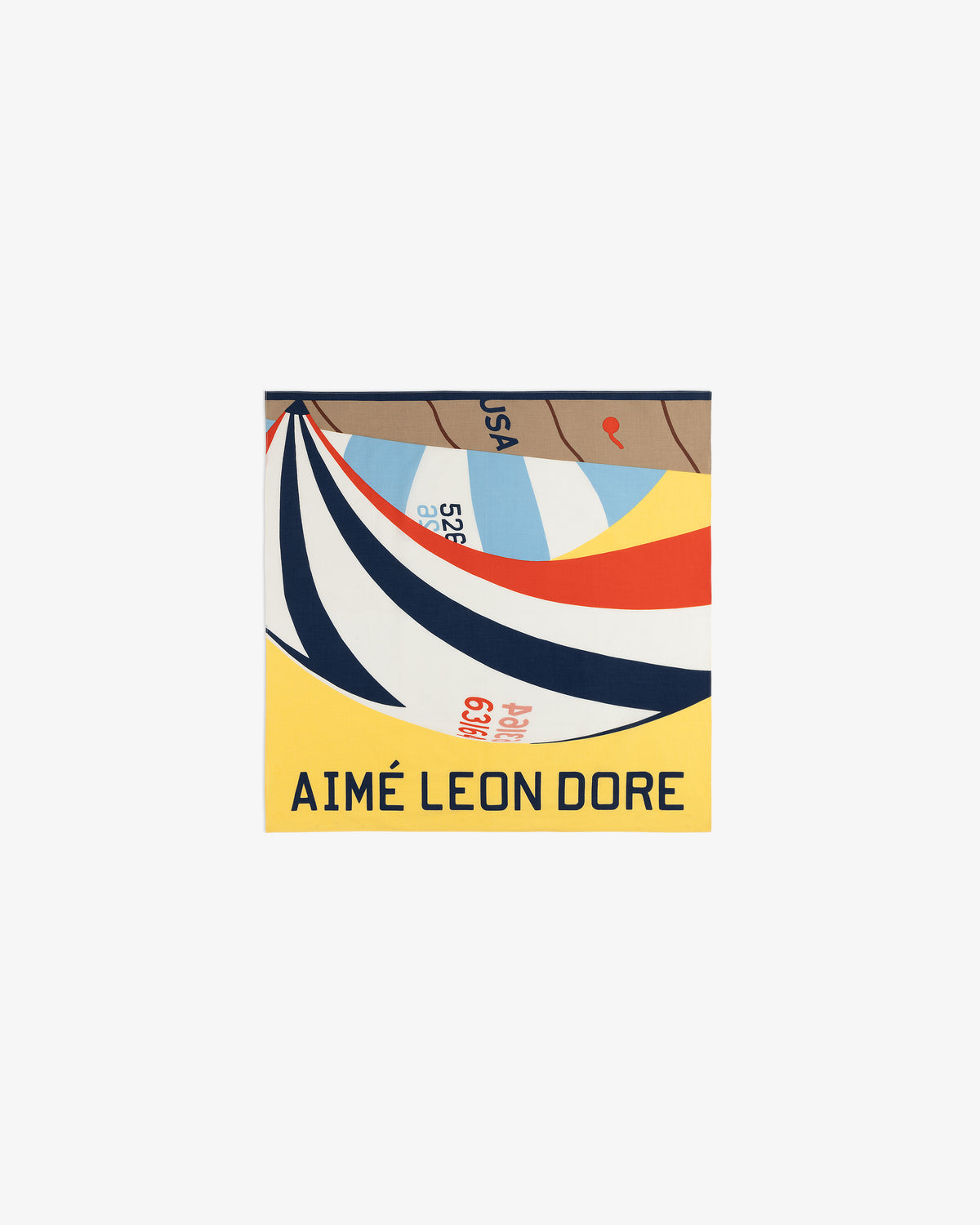 Regatta Bandana with colorful abstract design, AIMÉ LEON DORE text, and curved yellow, blue, red, and white stripes.