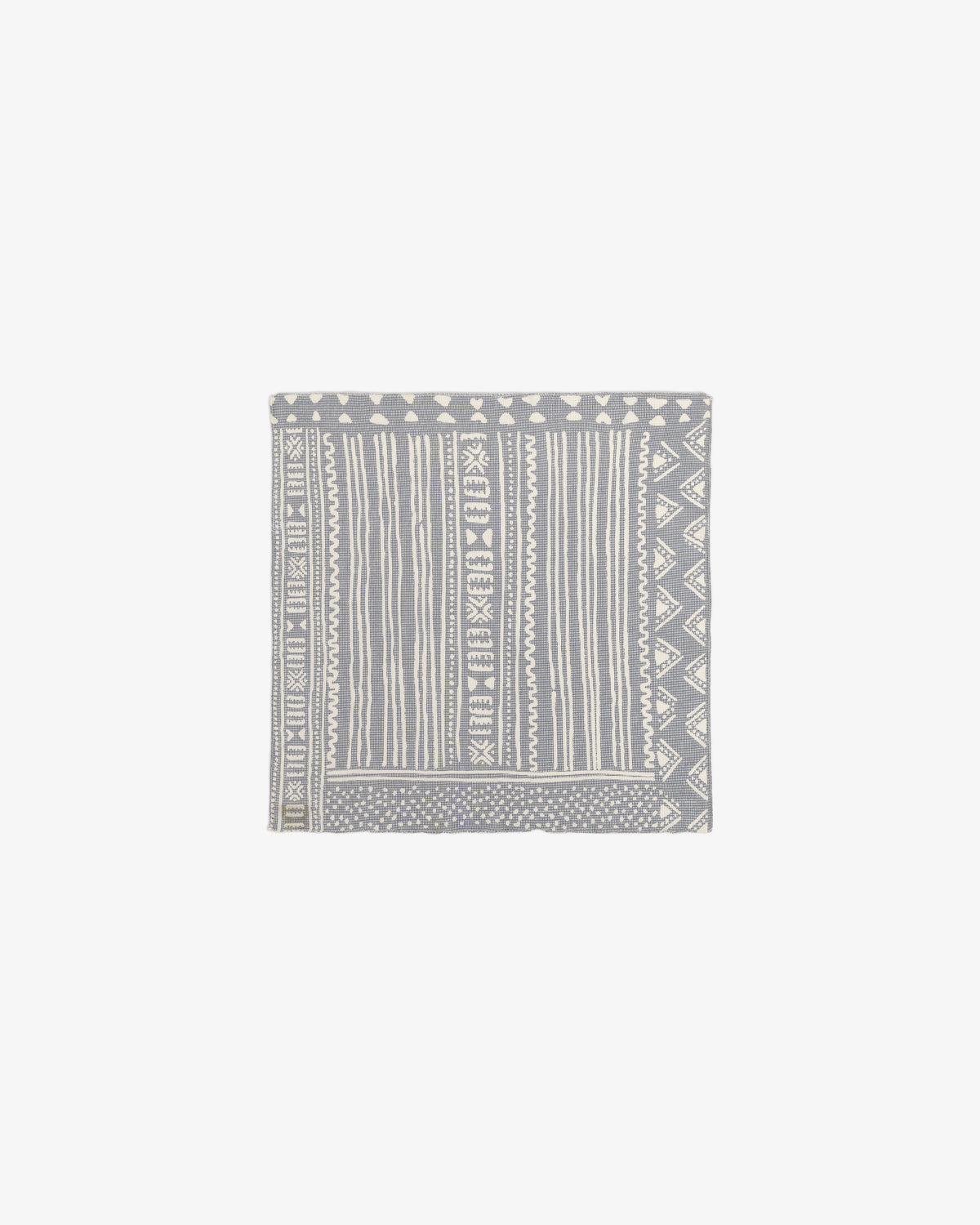 A square gray Mesh Tapestry Bandana featuring white geometric and striped patterns.
