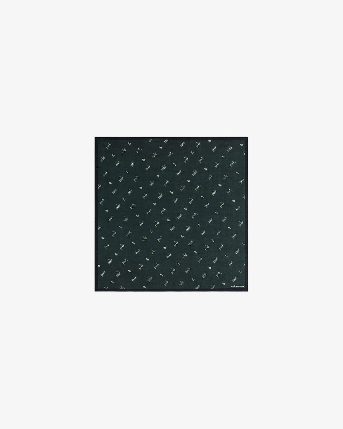 The ALD Golf Swing Bandana is a dark green square with a small repeating pattern of white birds.