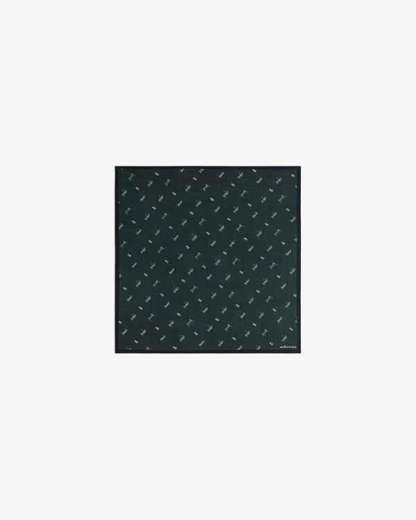 The ALD Golf Swing Bandana is a dark green square with a small repeating pattern of white birds.