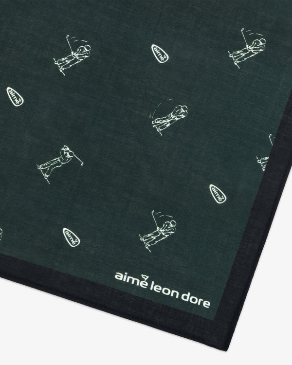 The ALD Golf Swing Bandana features white golfer prints, a corner logo, and black border.