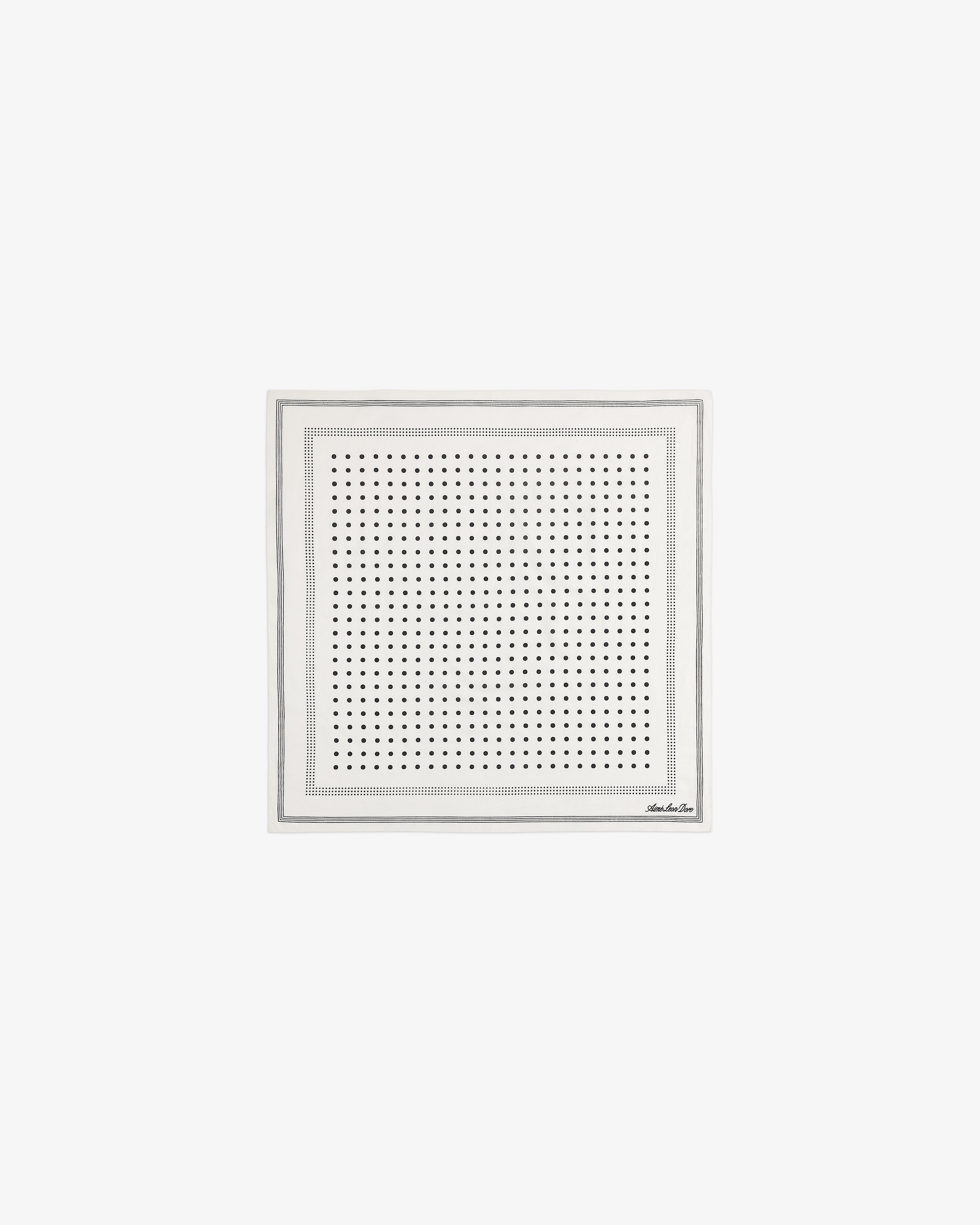 Polka Dot Bandana: White square scarf with small black dots and thin black borders around the edges.