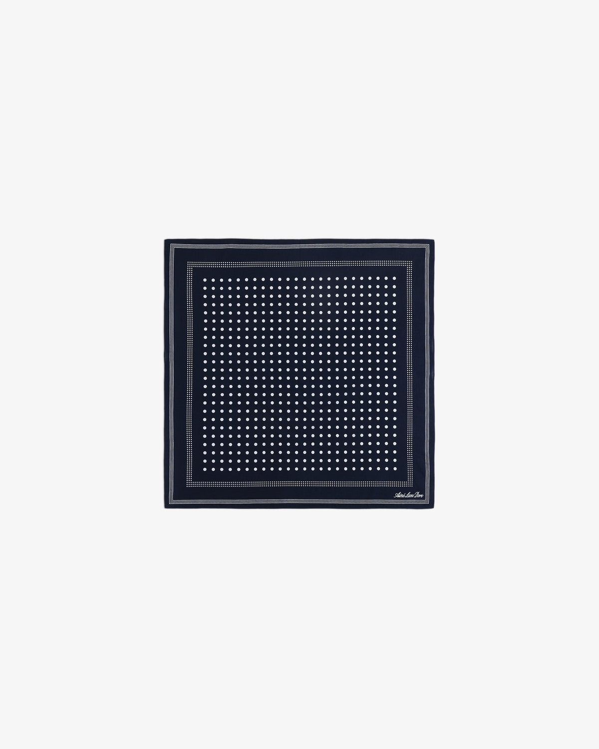Polka Dot Bandana: Navy blue square scarf with white polka dots and a thin white border.