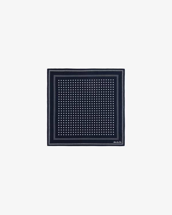 Polka Dot Bandana: Navy blue square scarf with white polka dots and a thin white border.