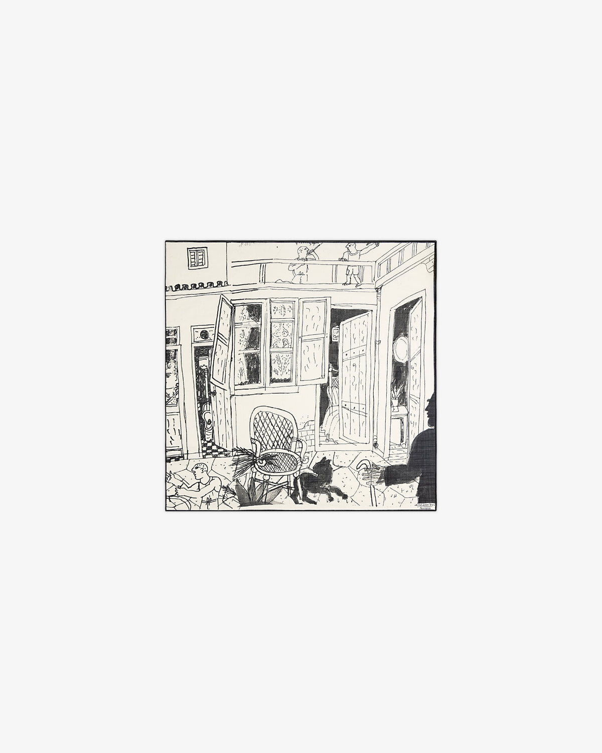 Line drawing on Fassianos Neighborhood Bandana: patio with open door, windows, chair, and two cats—one ground, one railing.