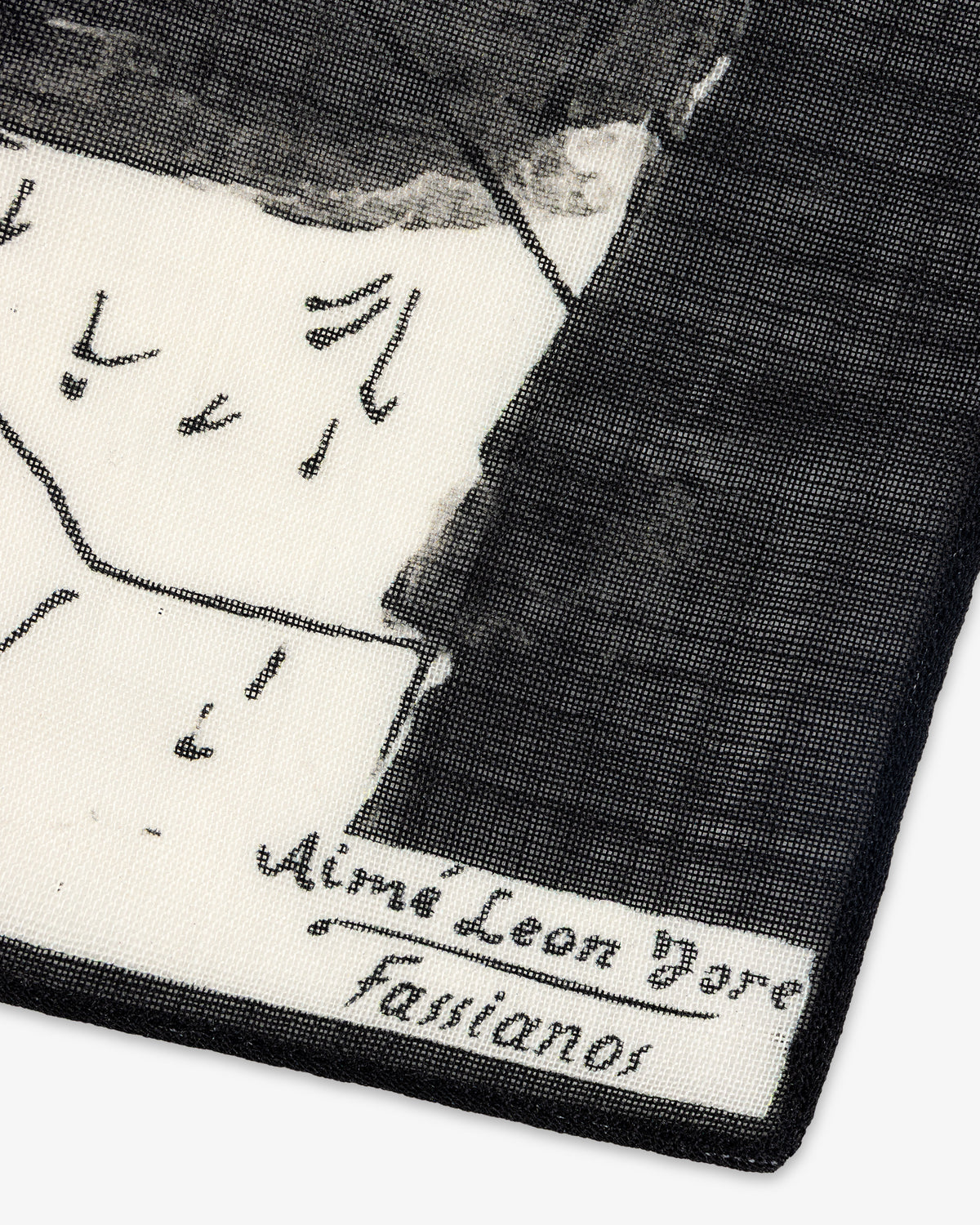 Close-up of the Fassianos Neighborhood Bandana, showing abstract black lines and "Aime Loon Dore Fassianos" text.
