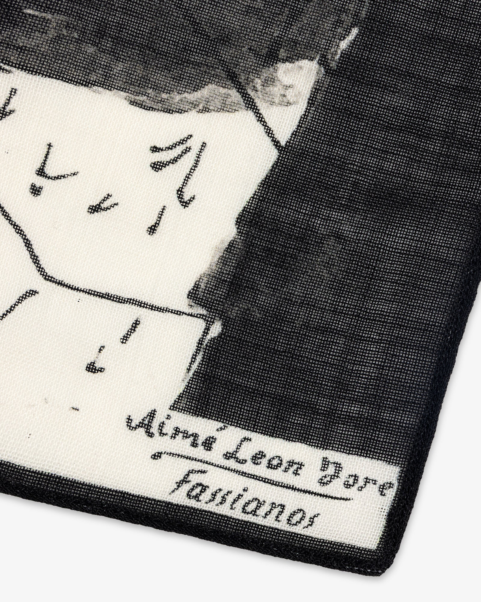 Close-up of the Fassianos Neighborhood Bandana, showing abstract black lines and "Aime Loon Dore Fassianos" text.