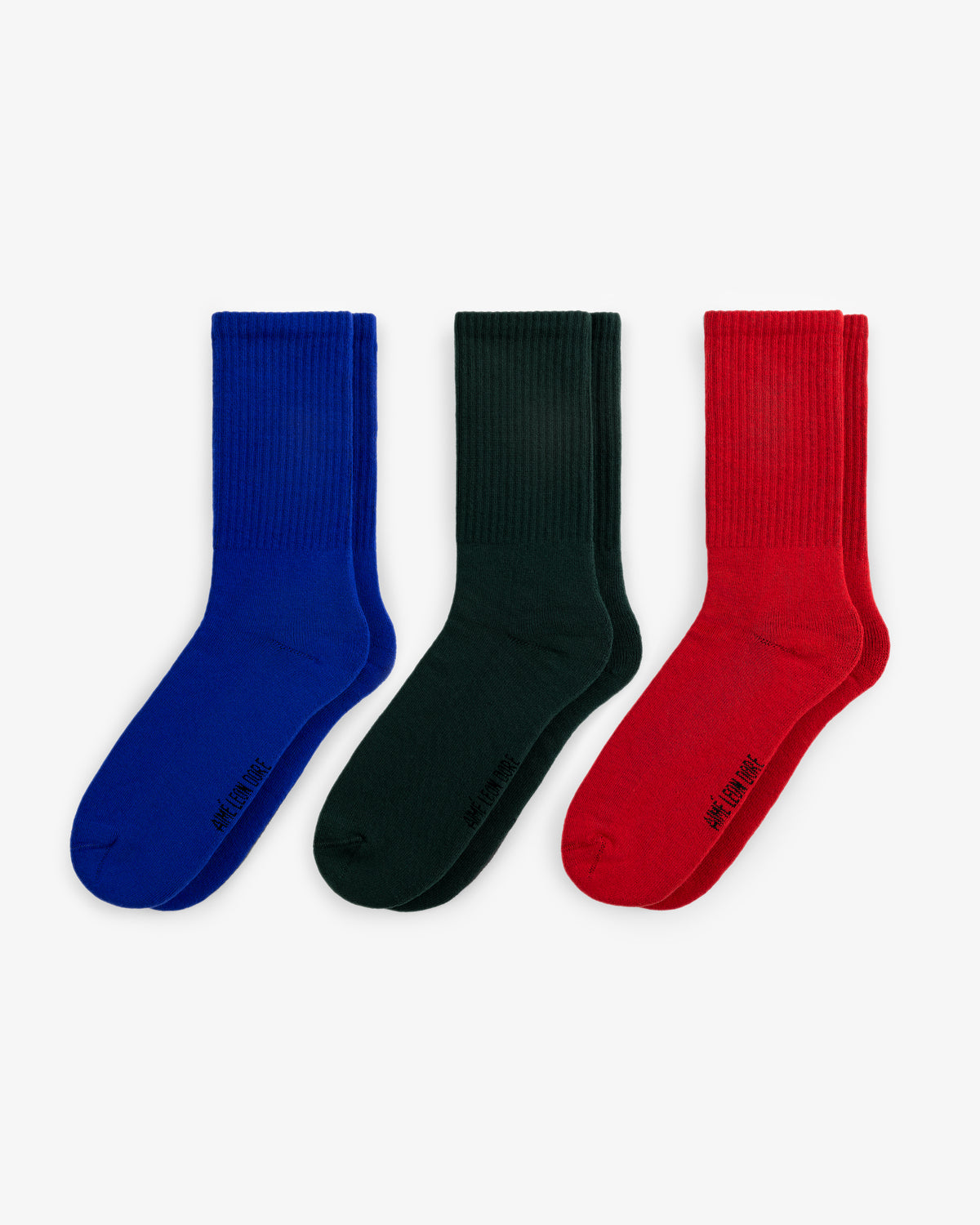 Crew Sock 3-Pack in blue, black, and red displayed side by side on a white background.