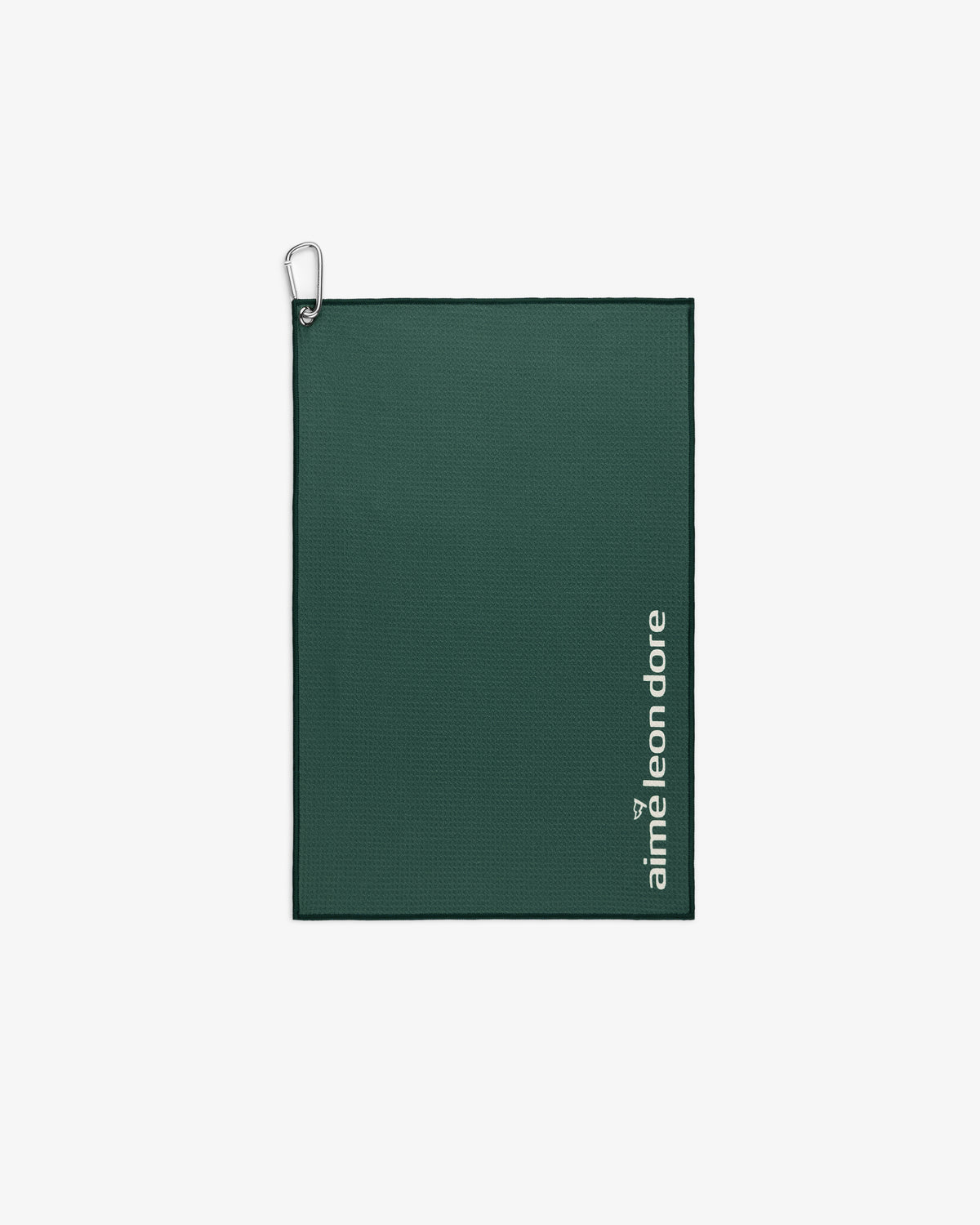 Dark green ALD Golf Caddy Towel with a metal clip (top left) and "aime leon dore" text on the lower right.
