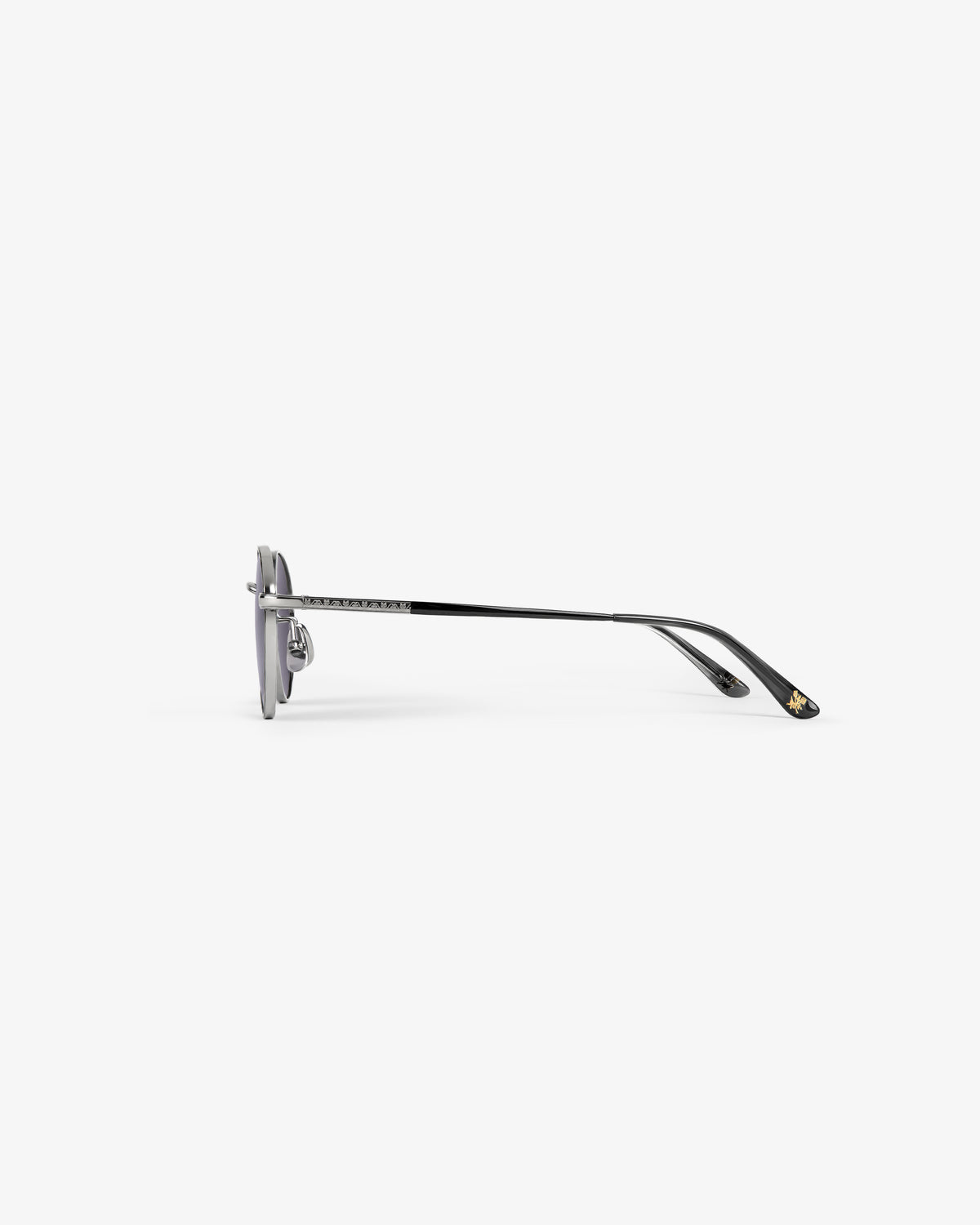 Side view of Giórgios Sunglasses in black metal with grey lenses and thin arms, on a plain white background.