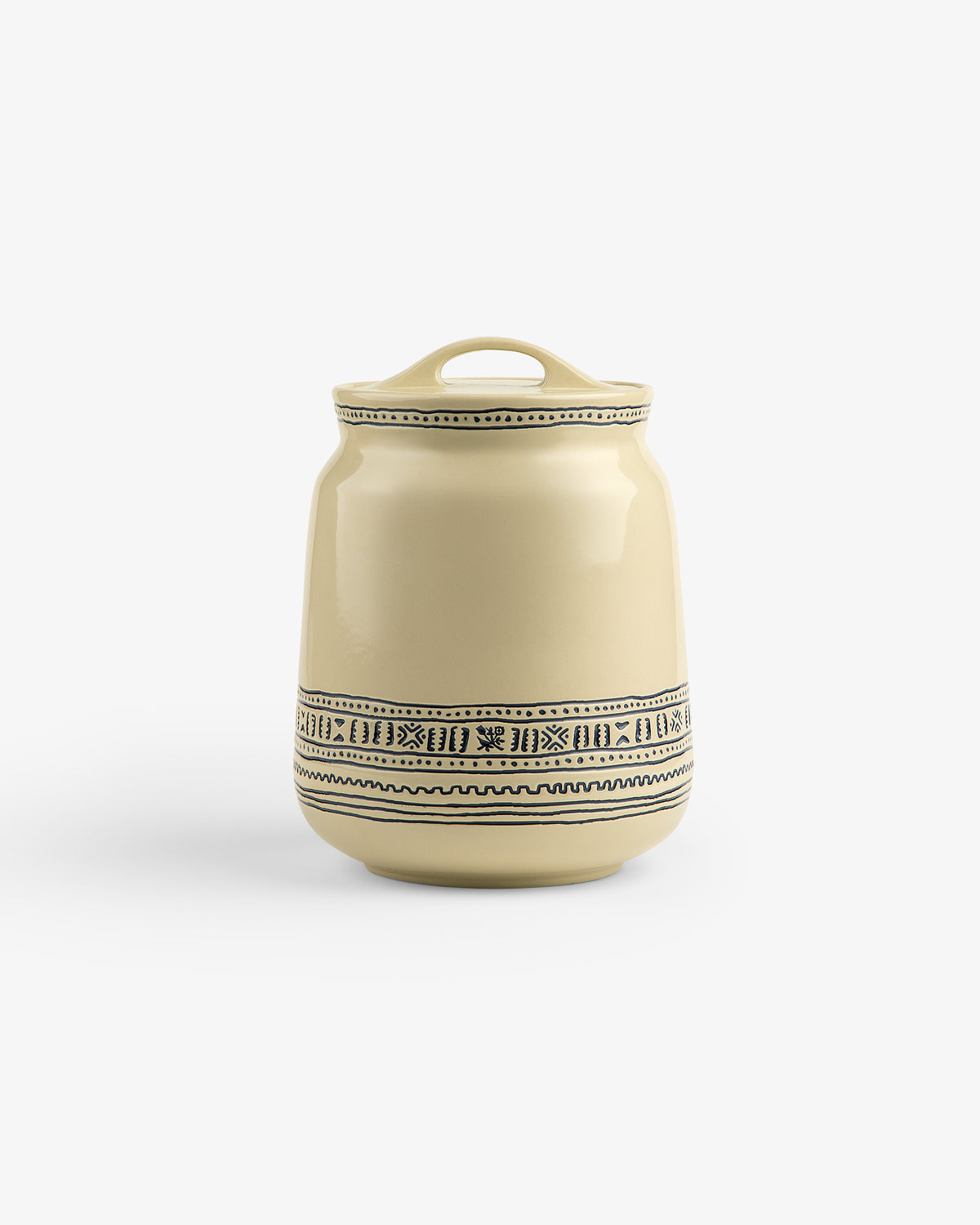 Textile Patterned Treat Jar—beige ceramic with lid, black geometric design around the middle, on white background.