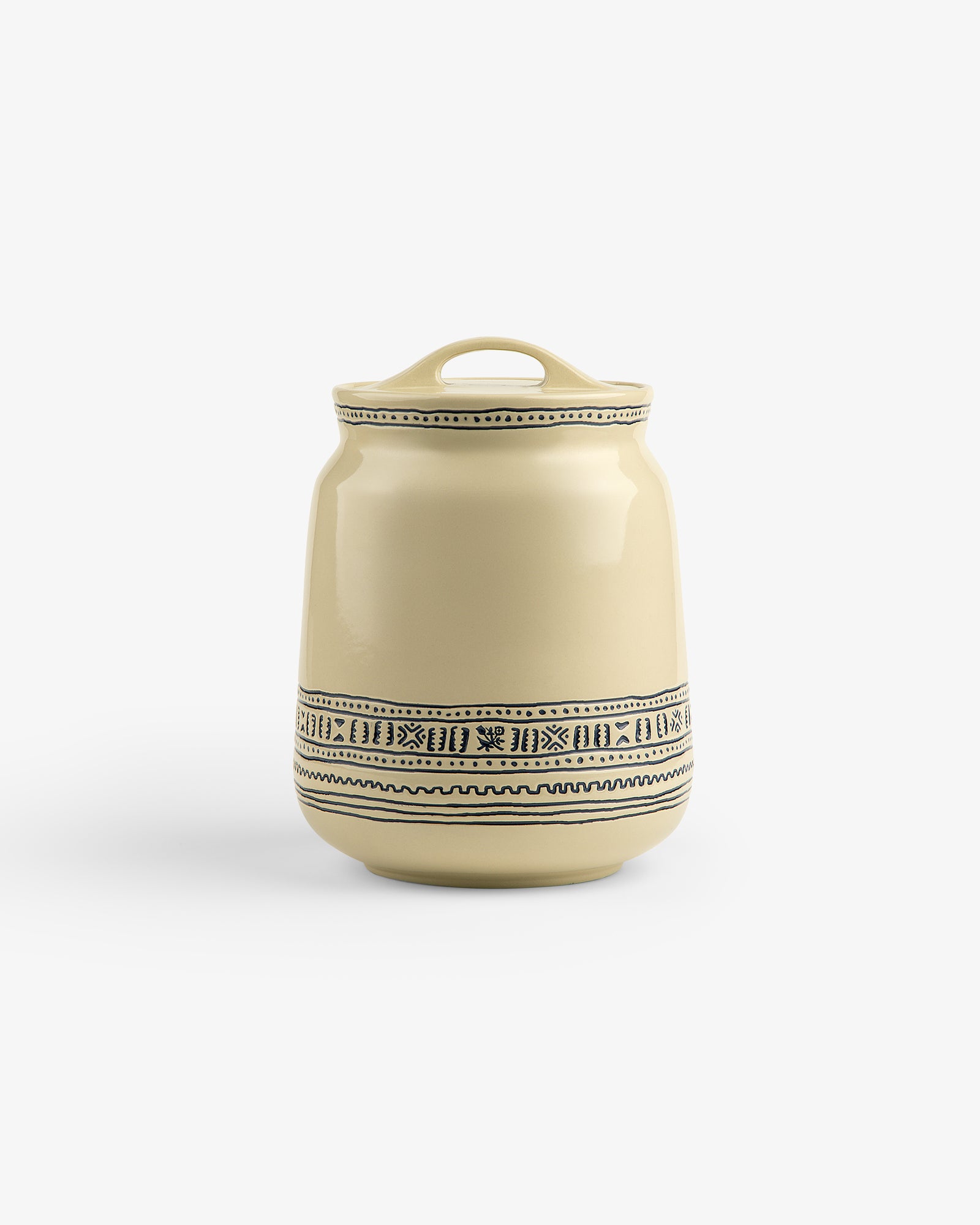 Textile Patterned Treat Jar—beige ceramic with lid, black geometric design around the middle, on white background.