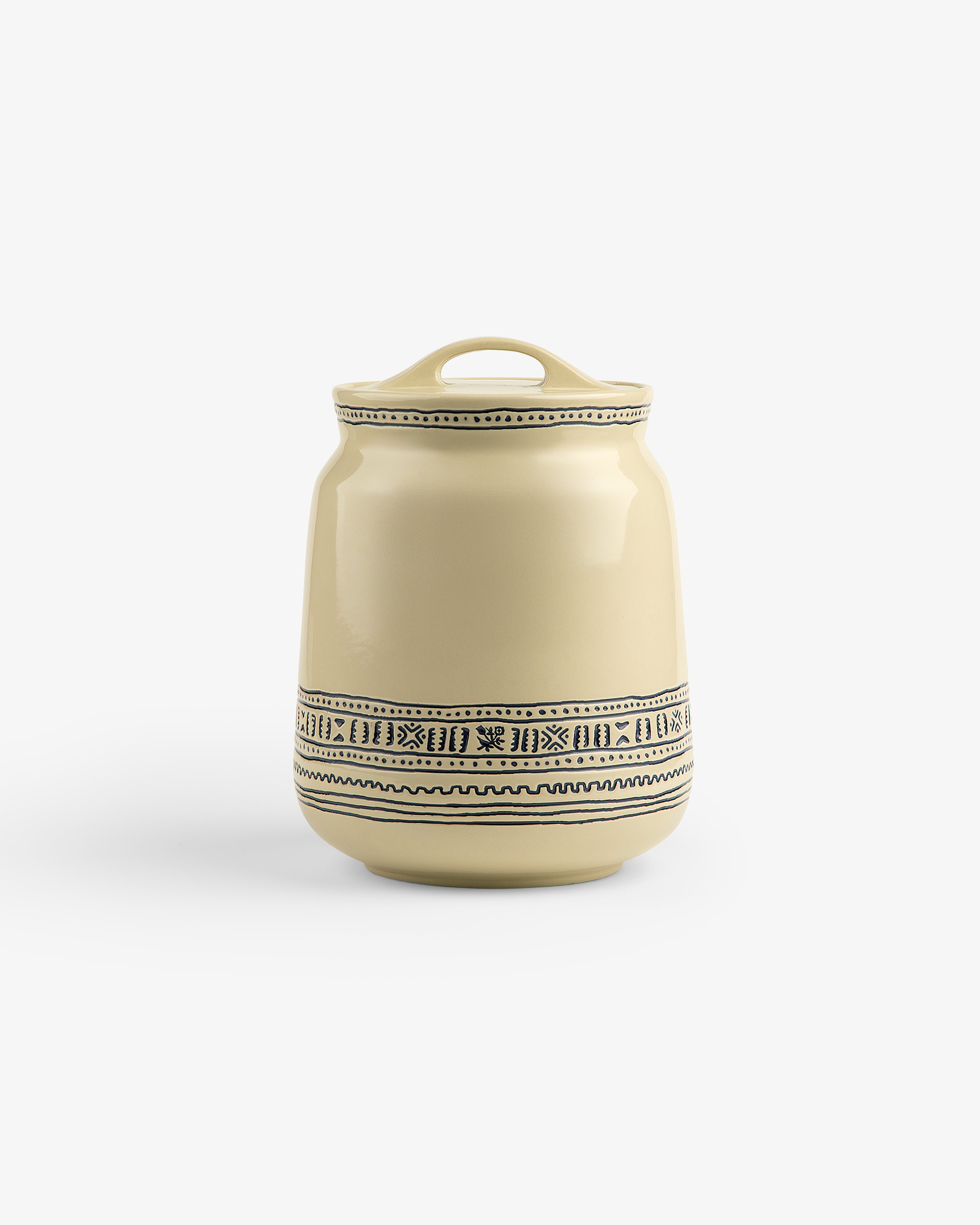 Textile Patterned Treat Jar—beige ceramic with lid, black geometric design around the middle, on white background.