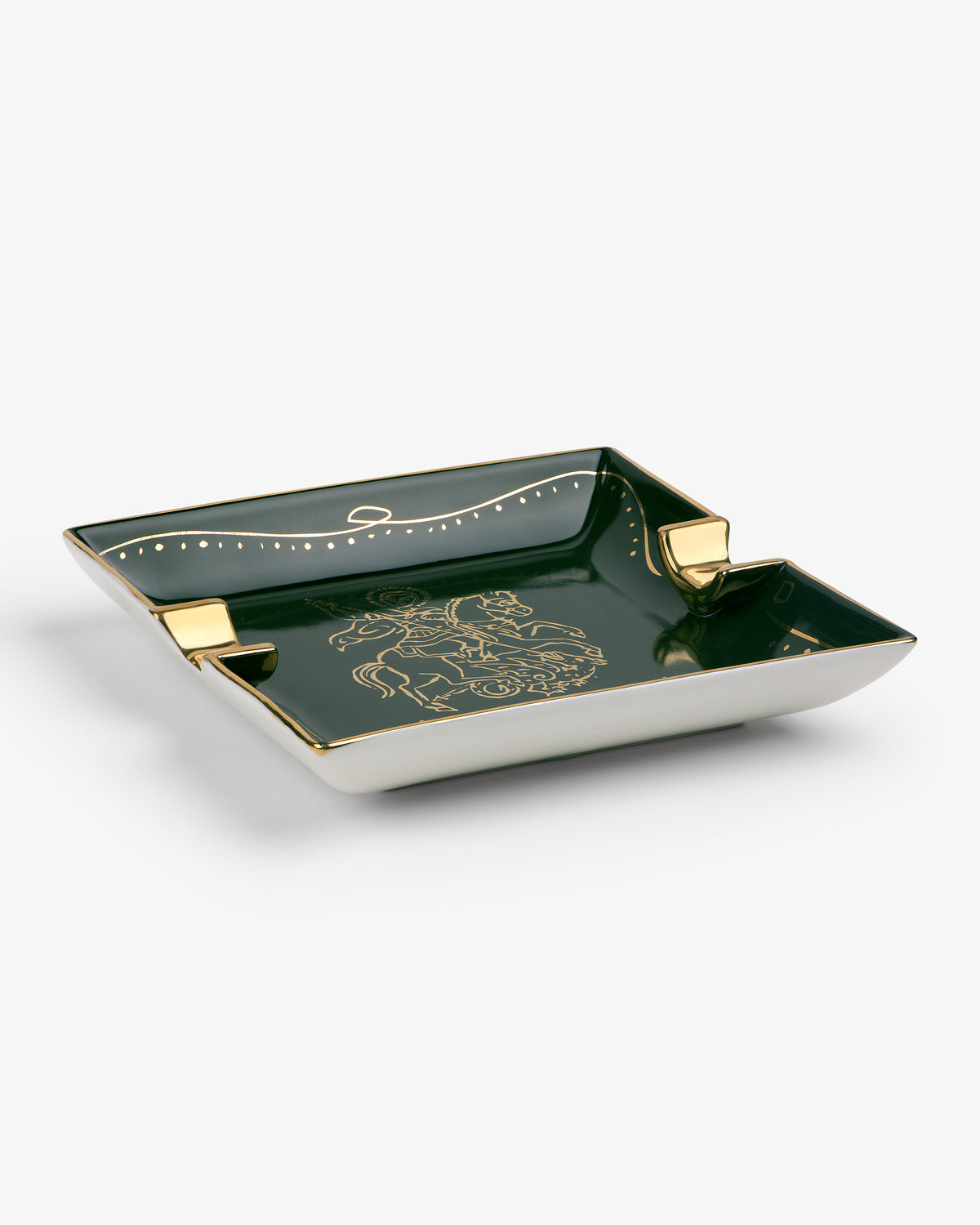 Saint George Ashtray: square green and gold porcelain with decorative line art on inner surface.