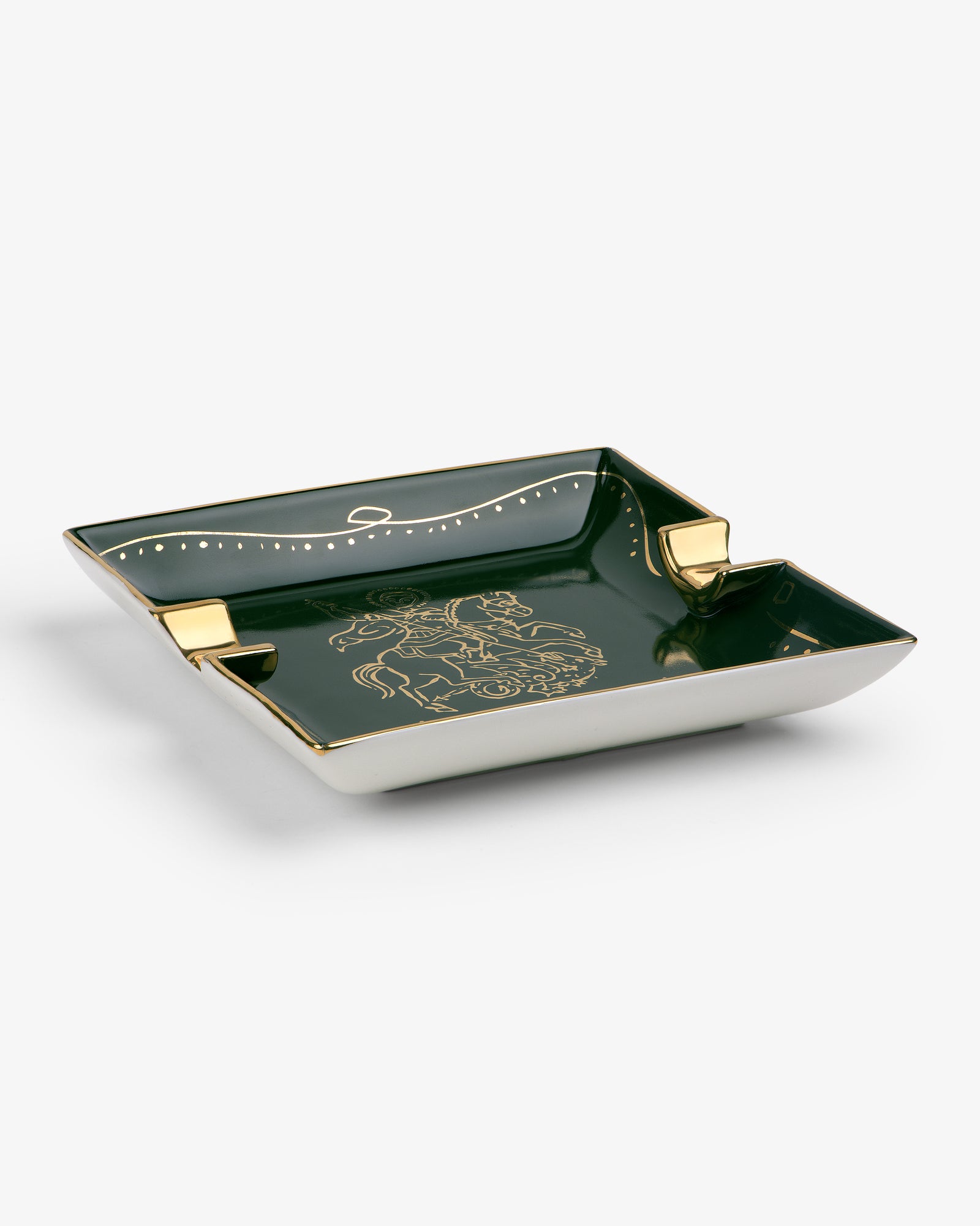Saint George Ashtray: square green and gold porcelain with decorative line art on inner surface.