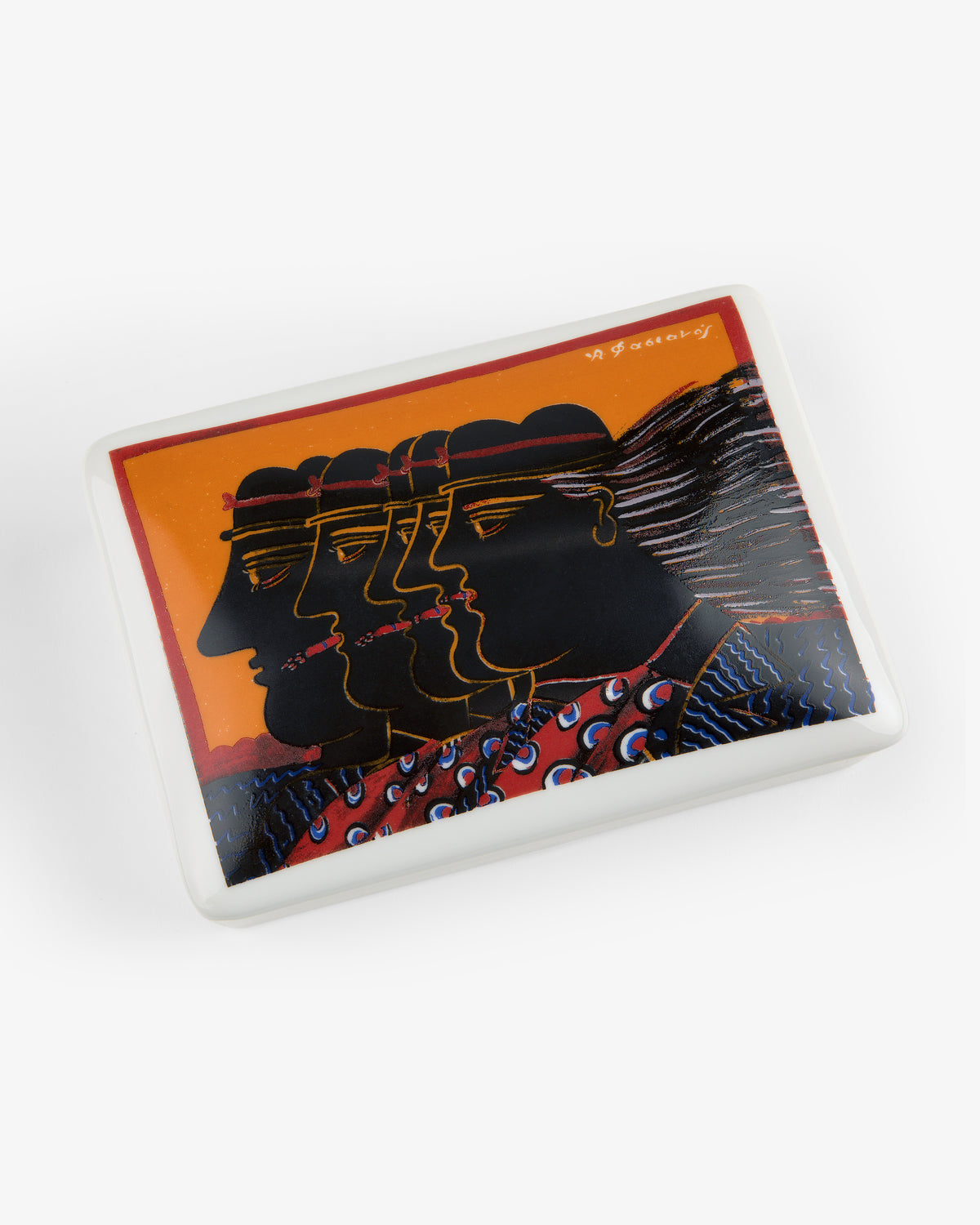 Fassianos "Friendship" Card Box with artwork of four abstract black profiles on a colorful patterned background.