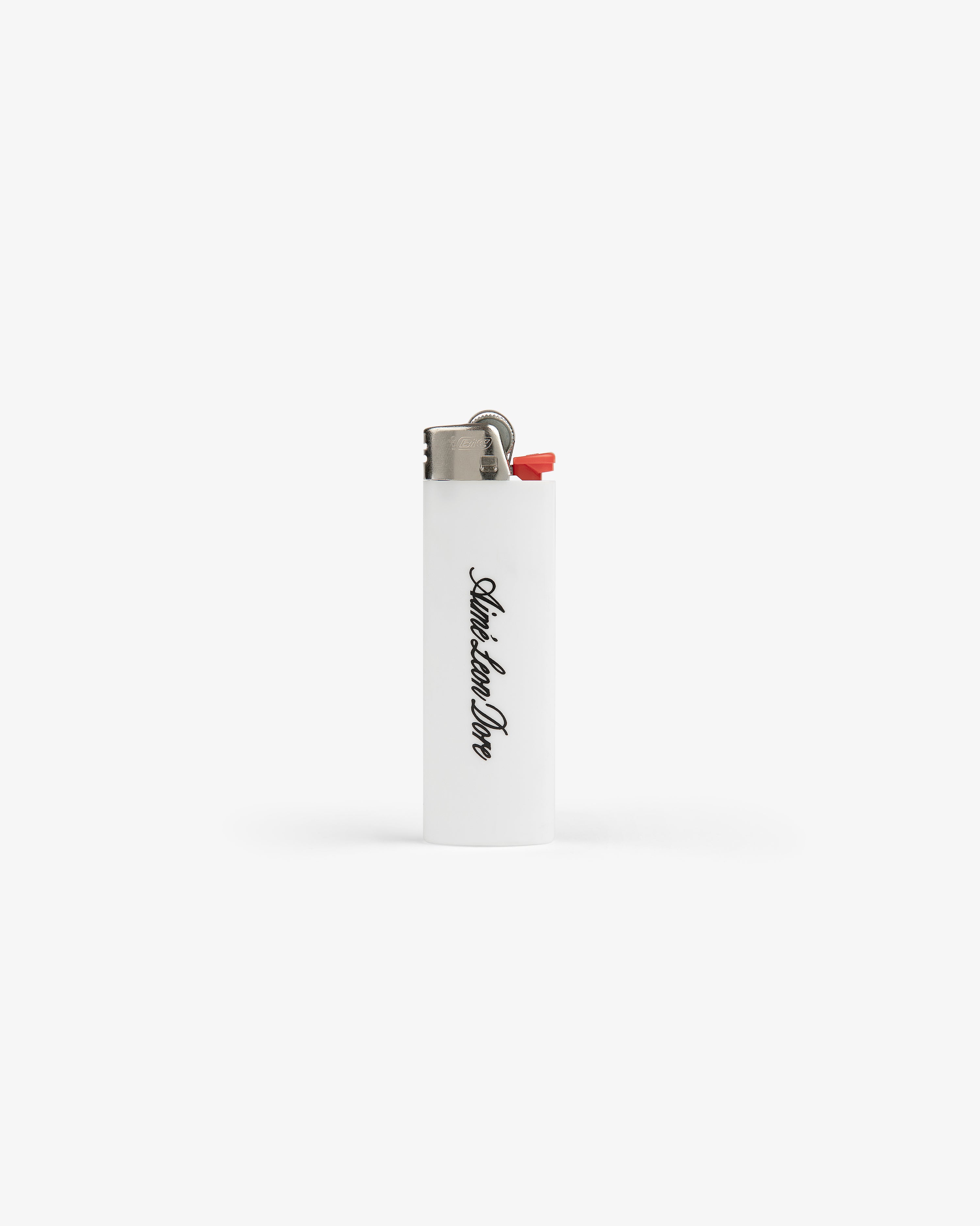 A Caricature Lighter: white with black cursive text, red ignition button, shown on a plain white background.