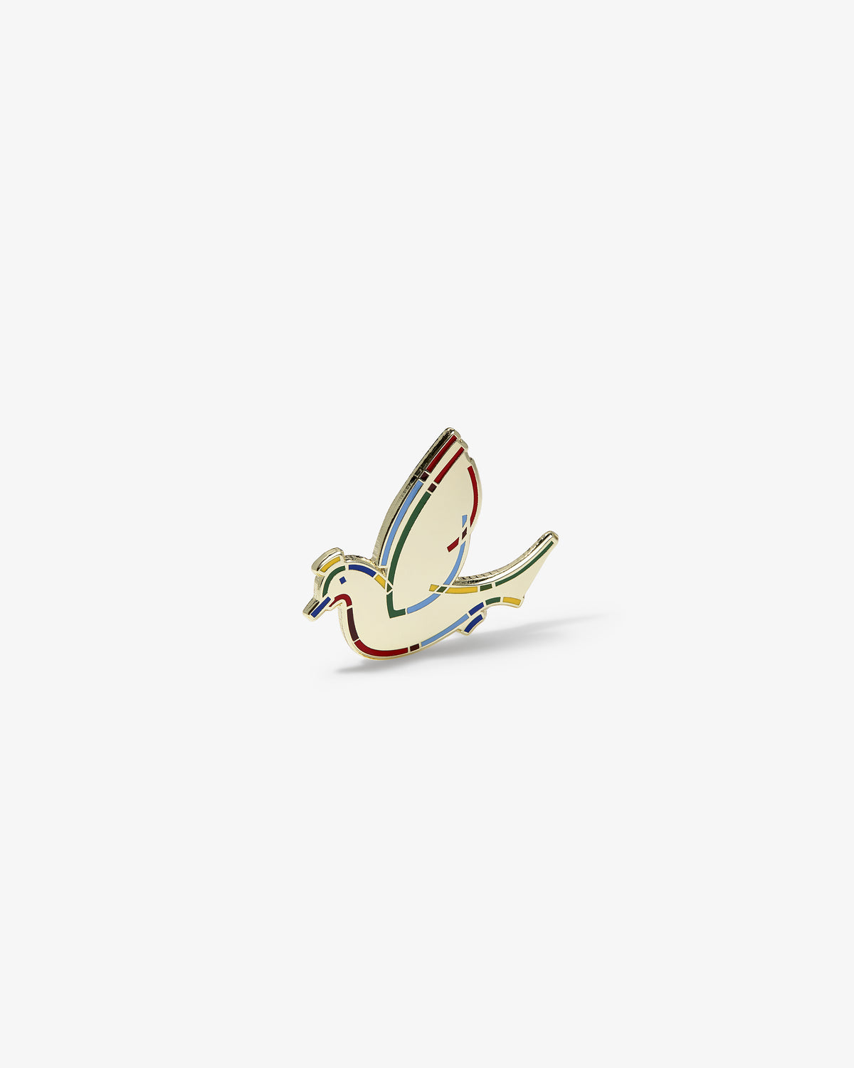 Graphic Pin: enamel pin shaped like a bird with multicolored patterns on a white background.