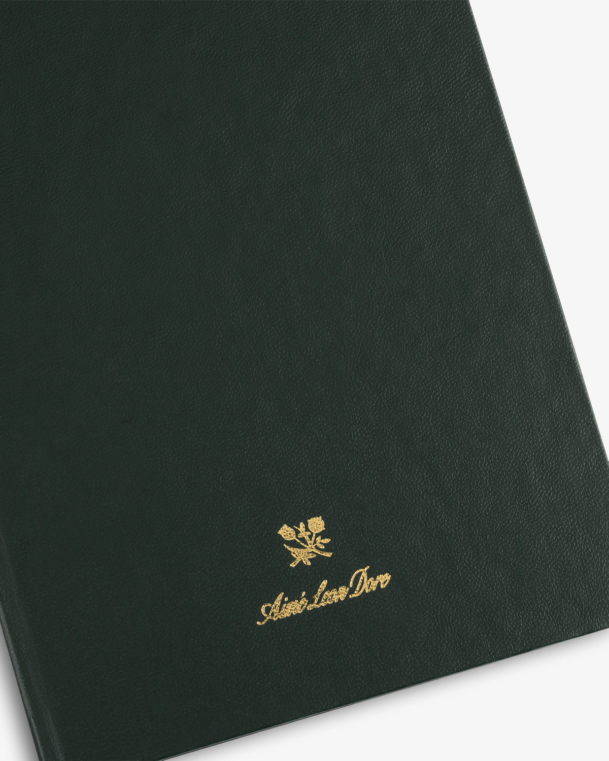 Dark green Crest Sketchbook cover with gold-stamped logo and Aimé Leon Dore script near the bottom.
