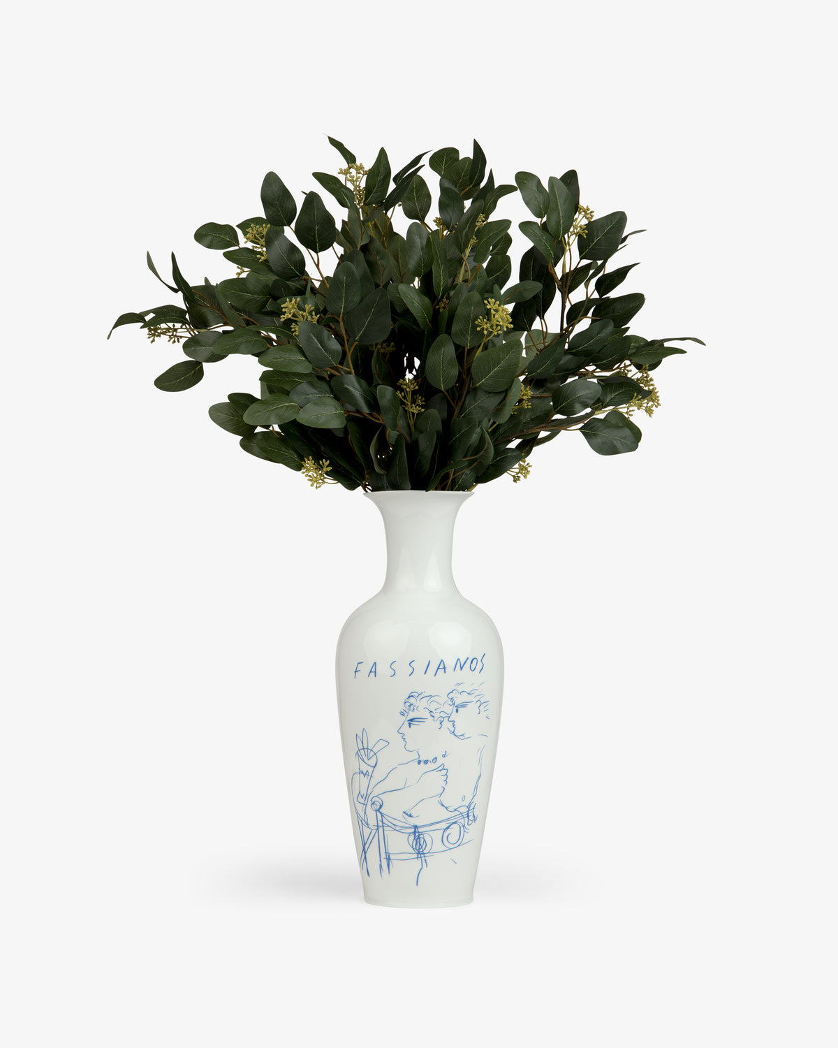 Fassianos "Rendez - Vouz" Vase with blue line art, holding green leafy branches and small white flowers.