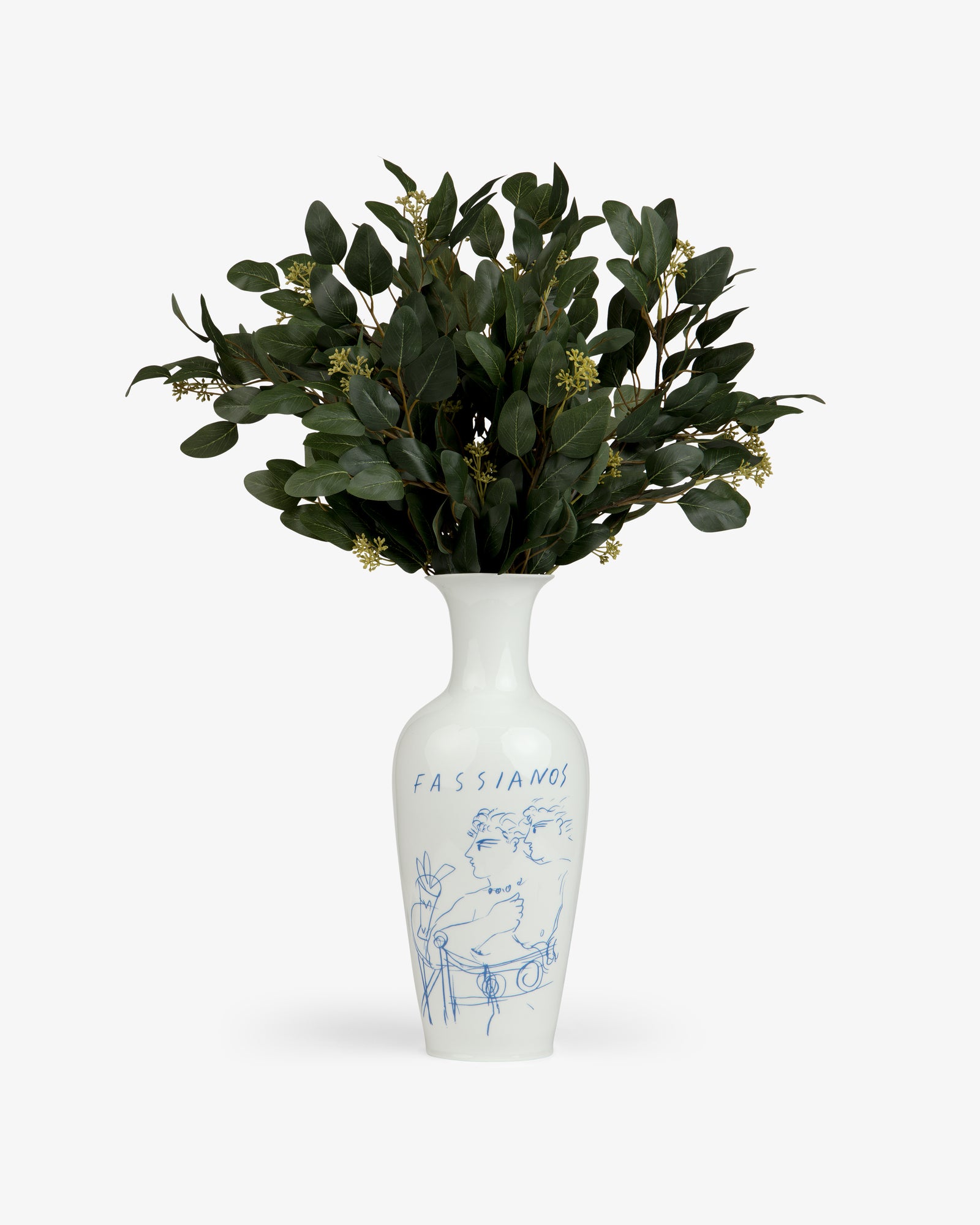Fassianos "Rendez - Vouz" Vase with blue line art, holding green leafy branches and small white flowers.