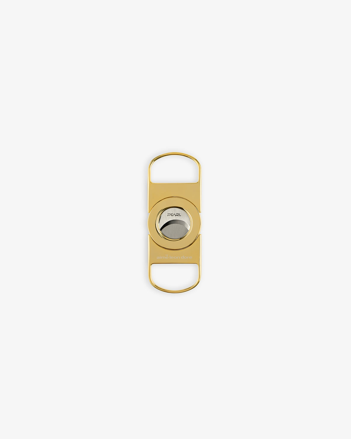 The ALD Golf Cigar Cutter is a gold metal cutter with dual finger holes and a central circular blade, shown on white.