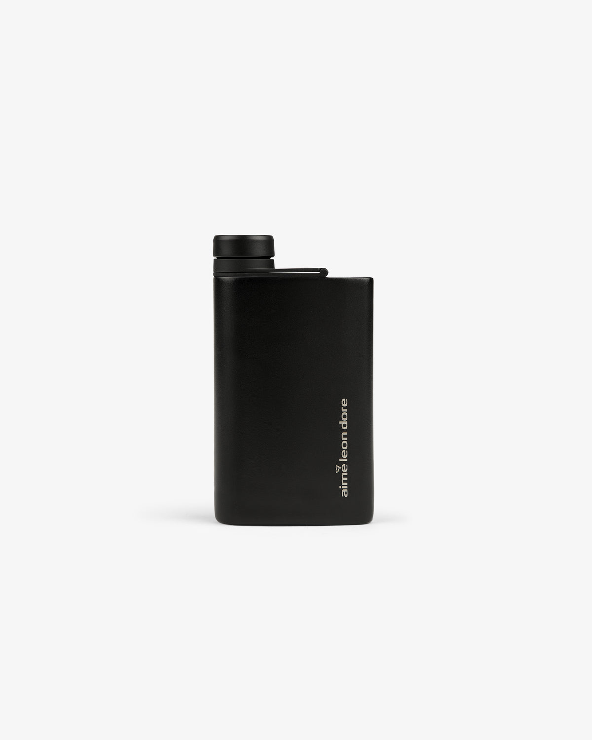 ALD Golf 19th Flask: a slim black flask with a screw cap and "aimé leon dore" written vertically near the bottom.