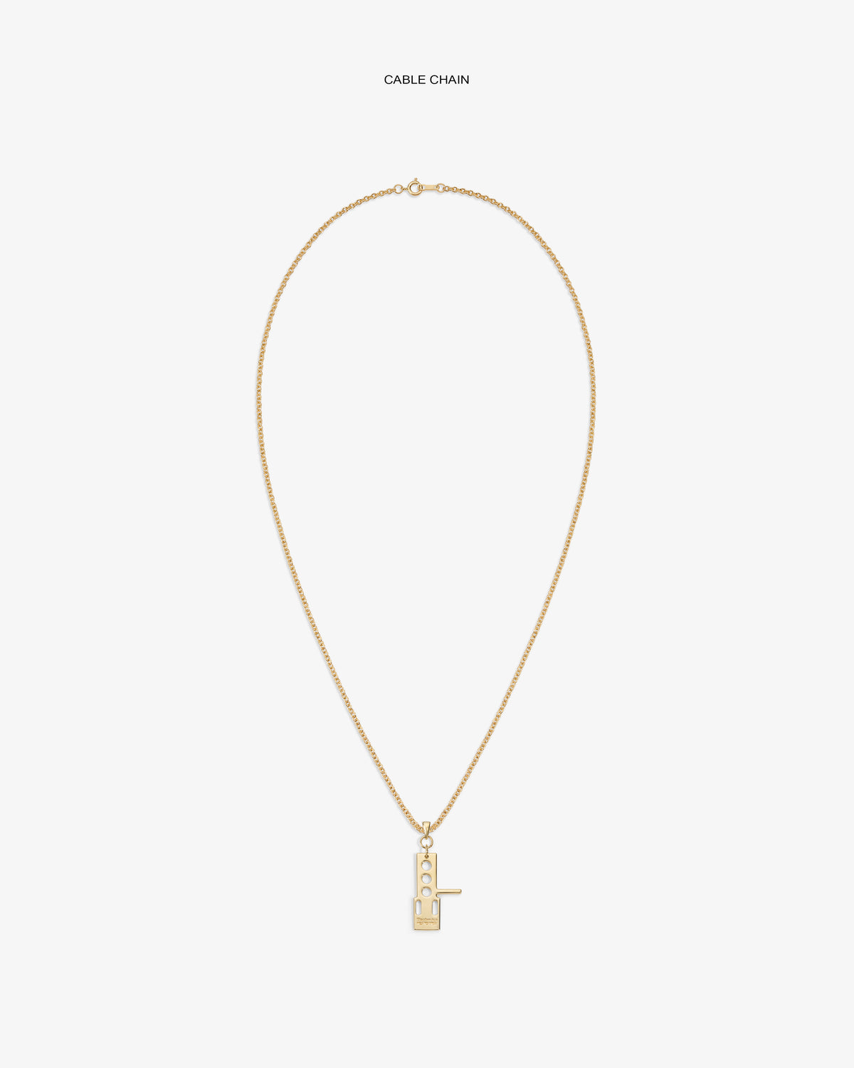 ALD / Technics 14Kt Gold Pendant cable chain necklace with a rectangular padlock, shown on white background.