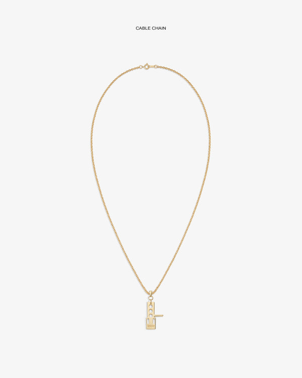 ALD / Technics 14Kt Gold Pendant cable chain necklace with a rectangular padlock, shown on white background.