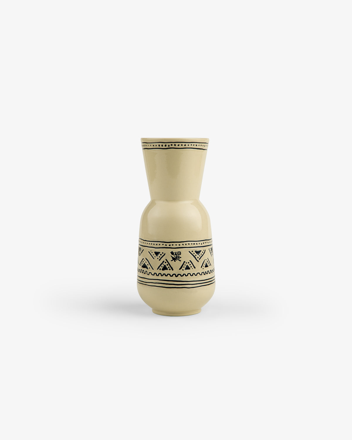 Textile Patterned Vase in beige ceramic with black geometric and floral designs on white.