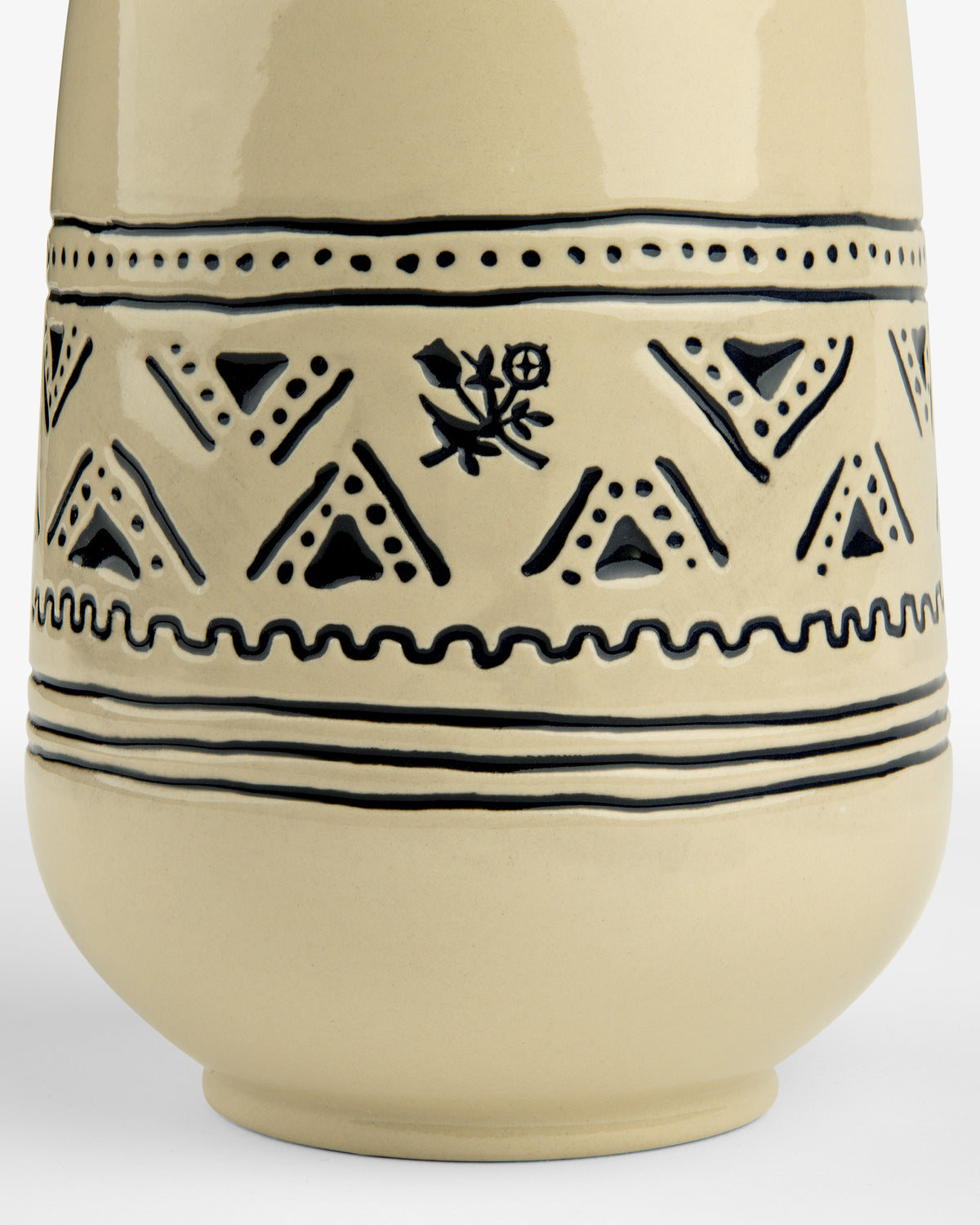 Textile Patterned Vase in beige ceramic, featuring black geometric dots, lines, and a small floral motif at the center.