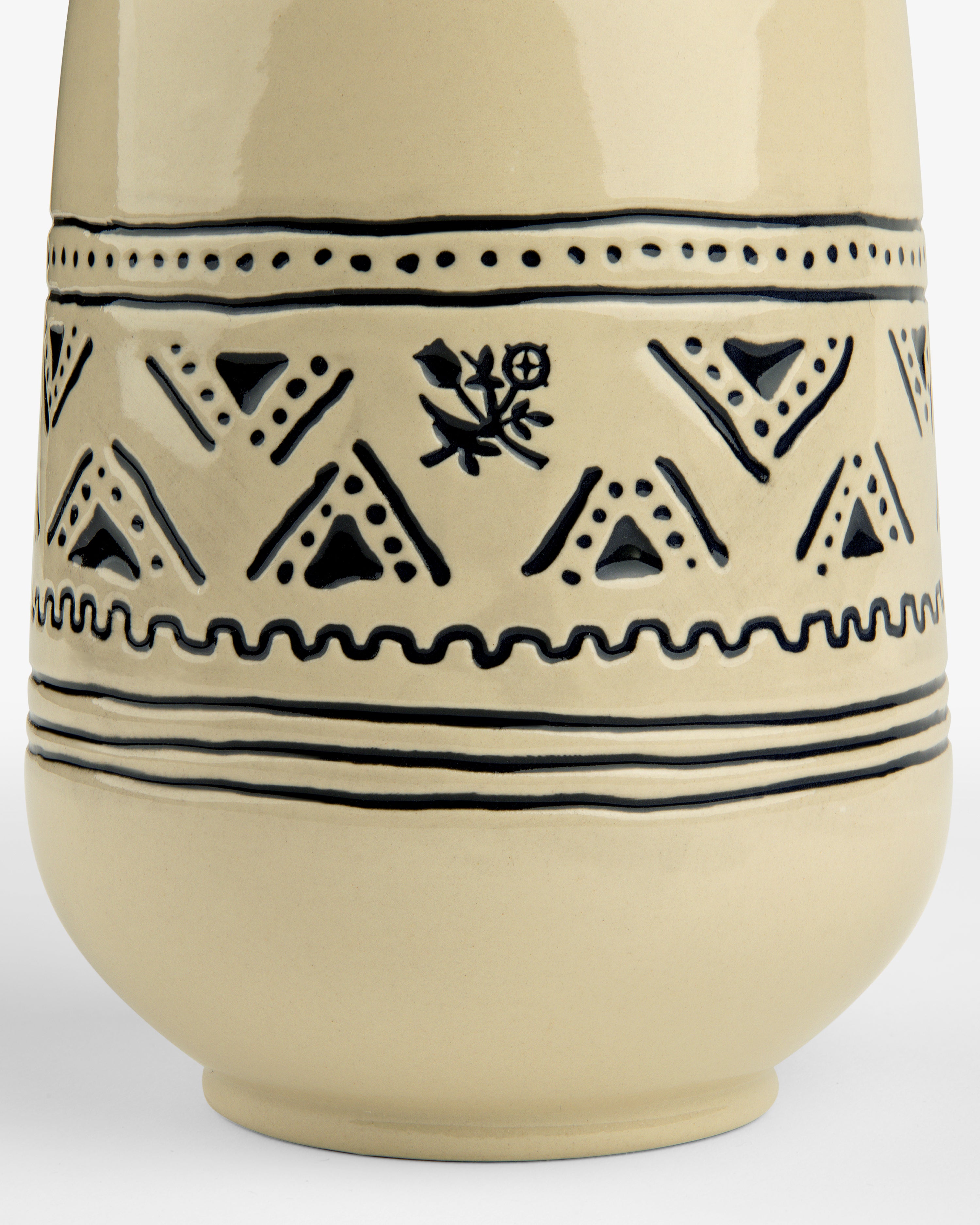Textile Patterned Vase in beige ceramic, featuring black geometric dots, lines, and a small floral motif at the center.