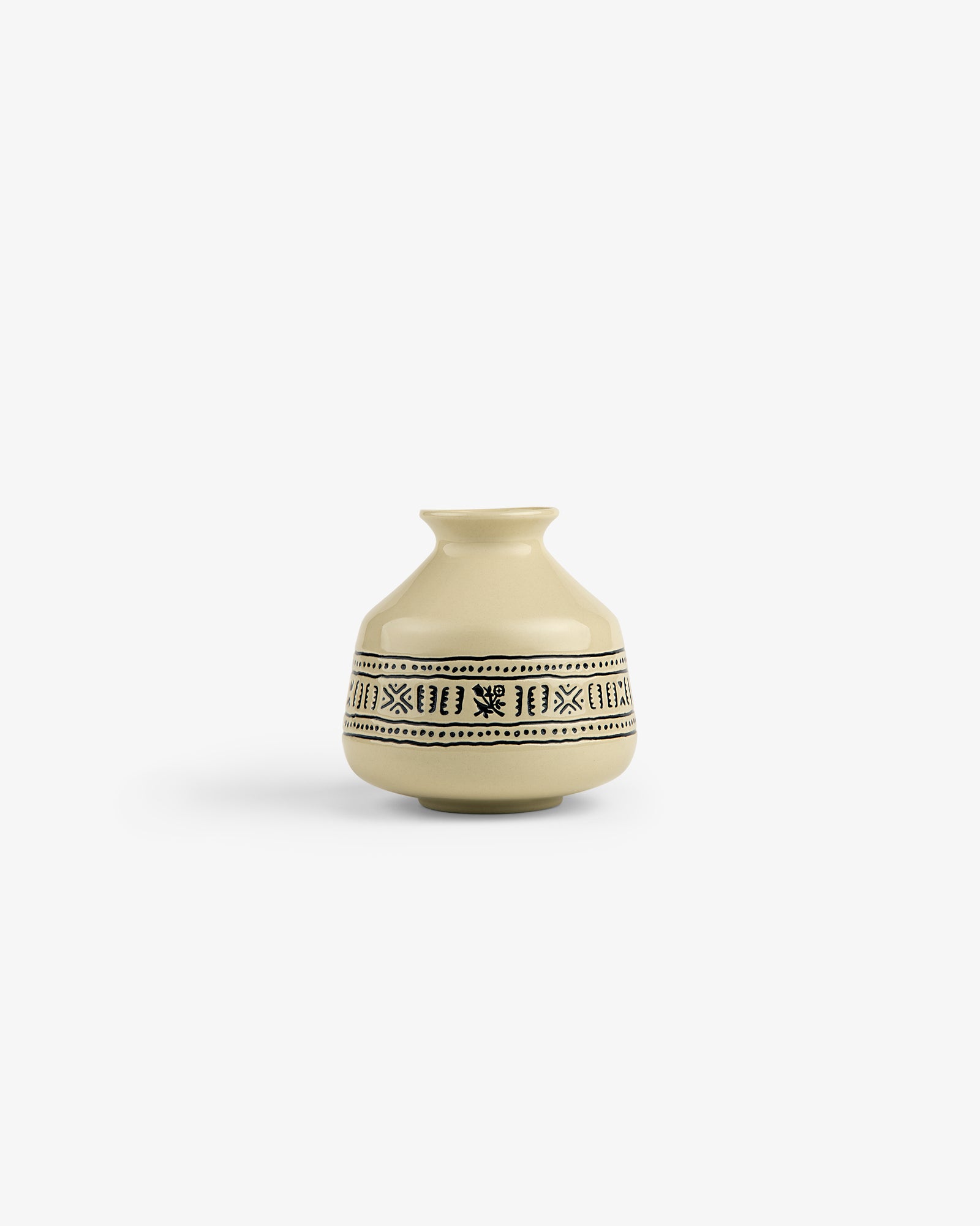 Textile Patterned Bud Vase: small beige ceramic vase with narrow neck, black geometric designs, on white background.