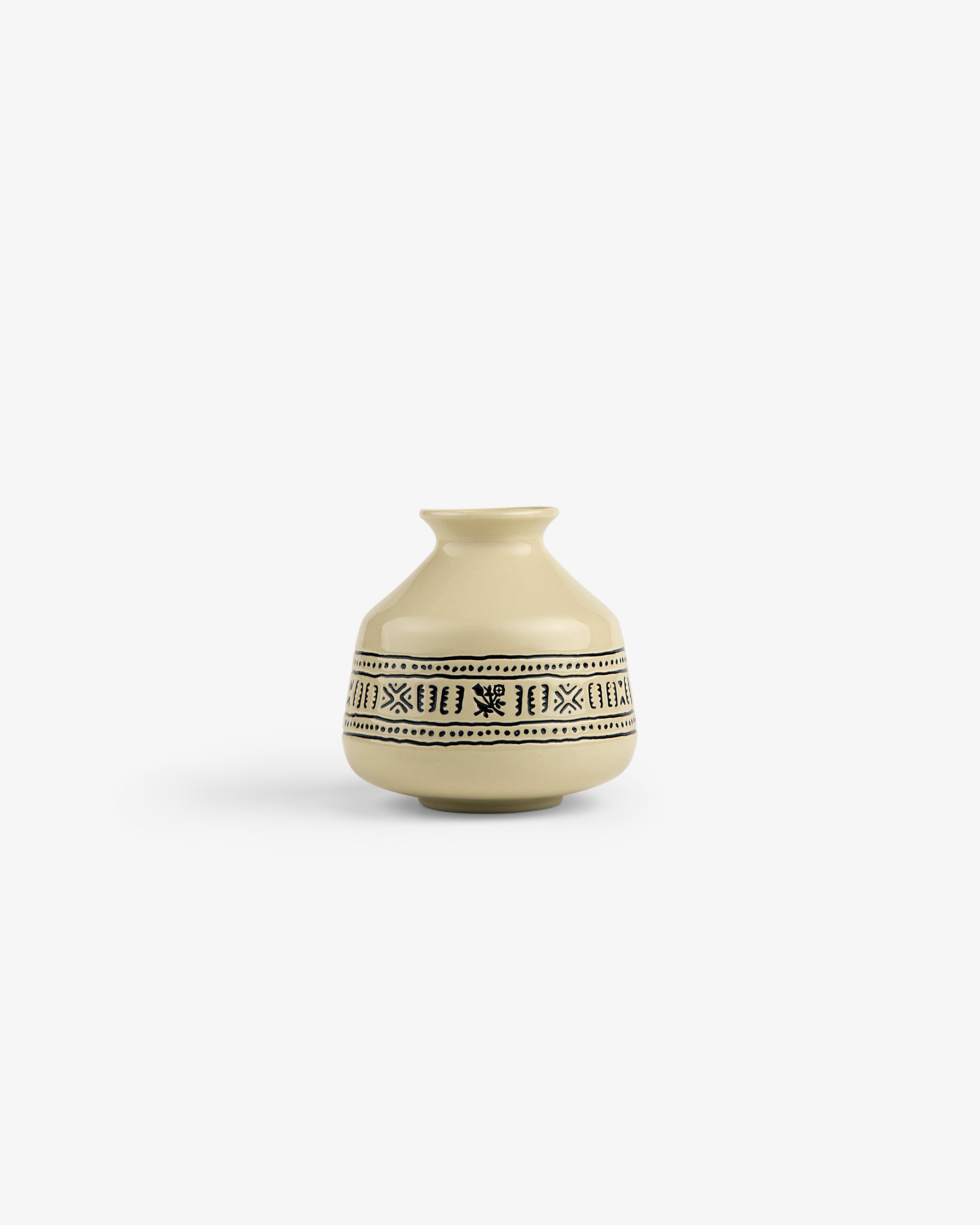 Textile Patterned Bud Vase: small beige ceramic vase with narrow neck, black geometric designs, on white background.