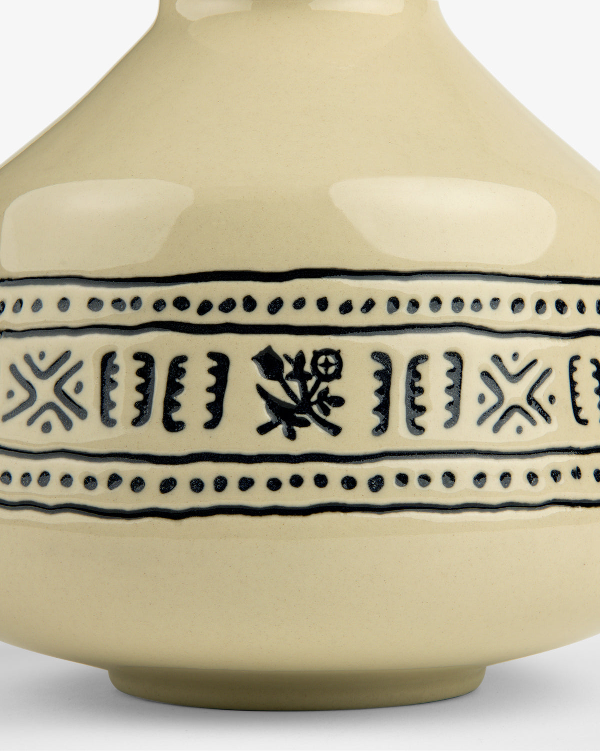 Textile Patterned Bud Vase in beige ceramic with black geometric and floral patterns around the middle.