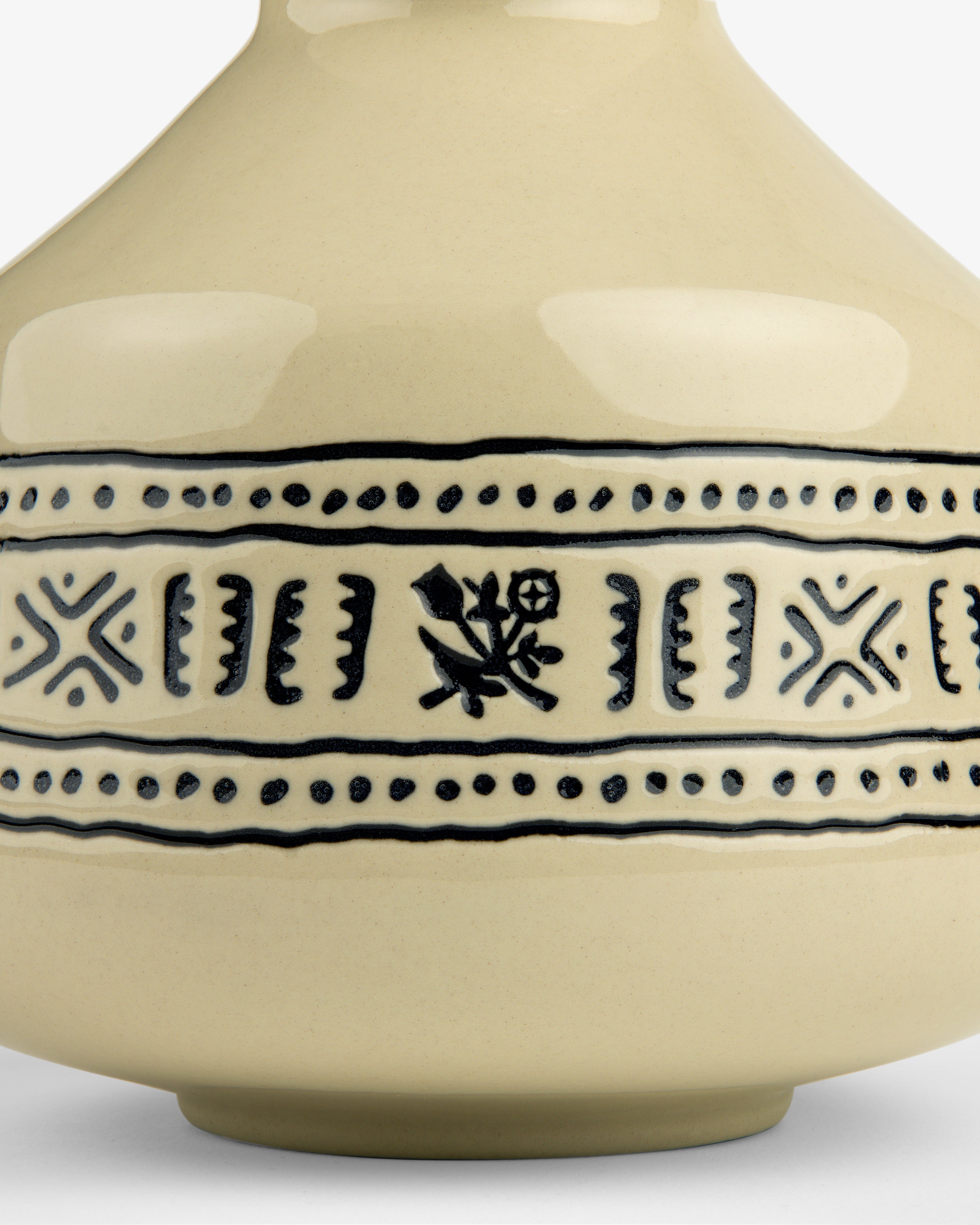 Textile Patterned Bud Vase in beige ceramic with black geometric and floral patterns around the middle.