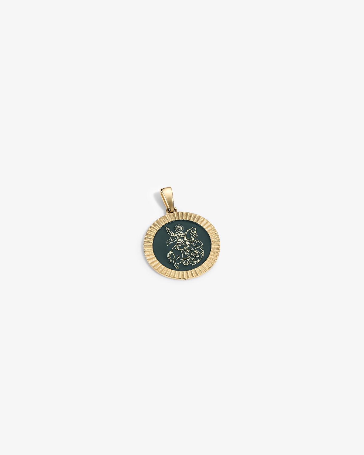 14Kt Gold Saint George Coin Pendant with dark center and engraved horse rider, shown on a plain white background.